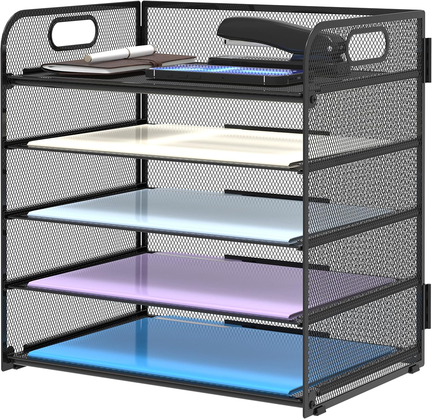 Showcases the product's design and functionality as a desk organizer with multiple shelves for efficient storage.