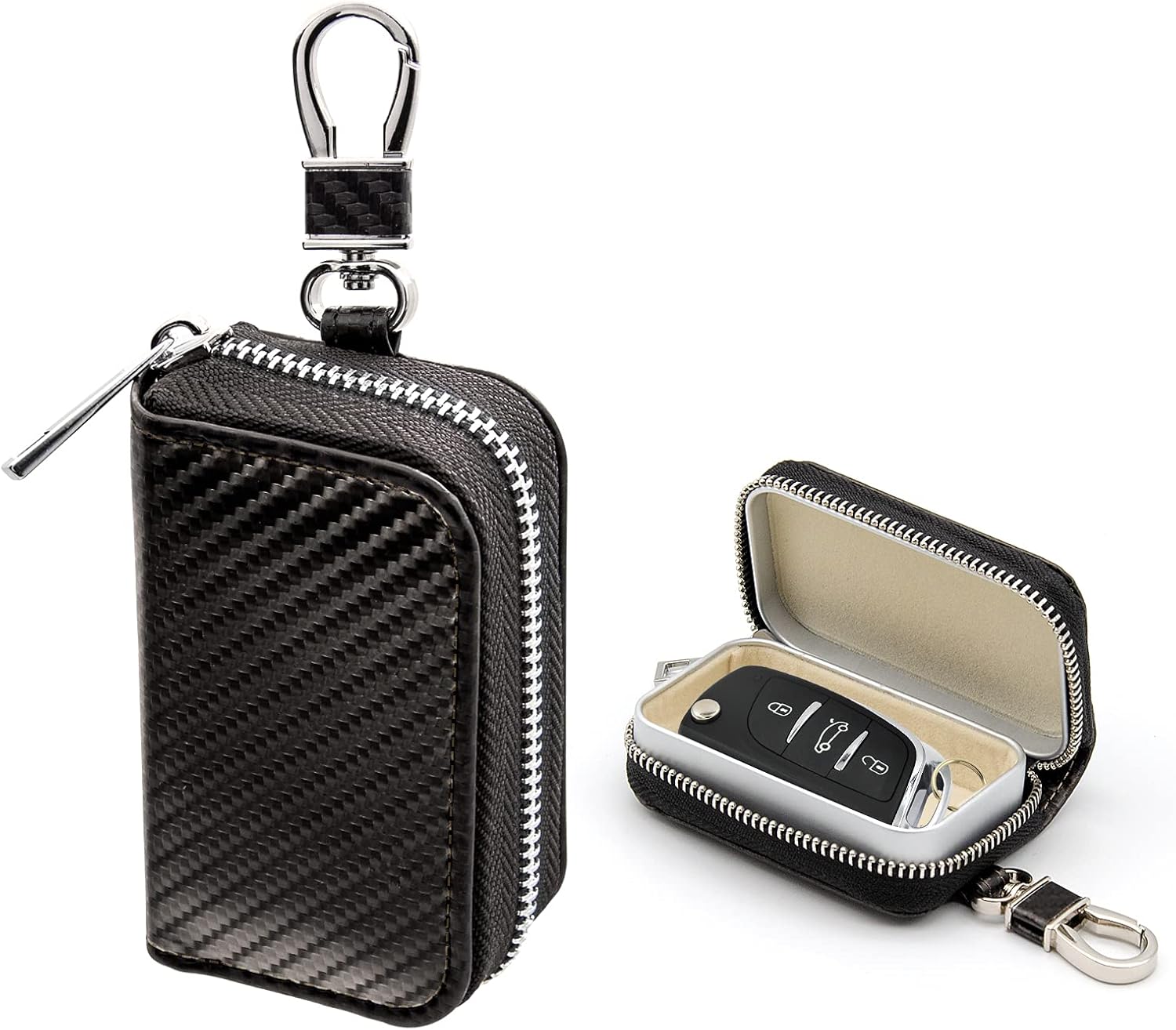 Showcases the sleek carbon fiber design and compact size of the key fob case, emphasizing its premium look and portability.