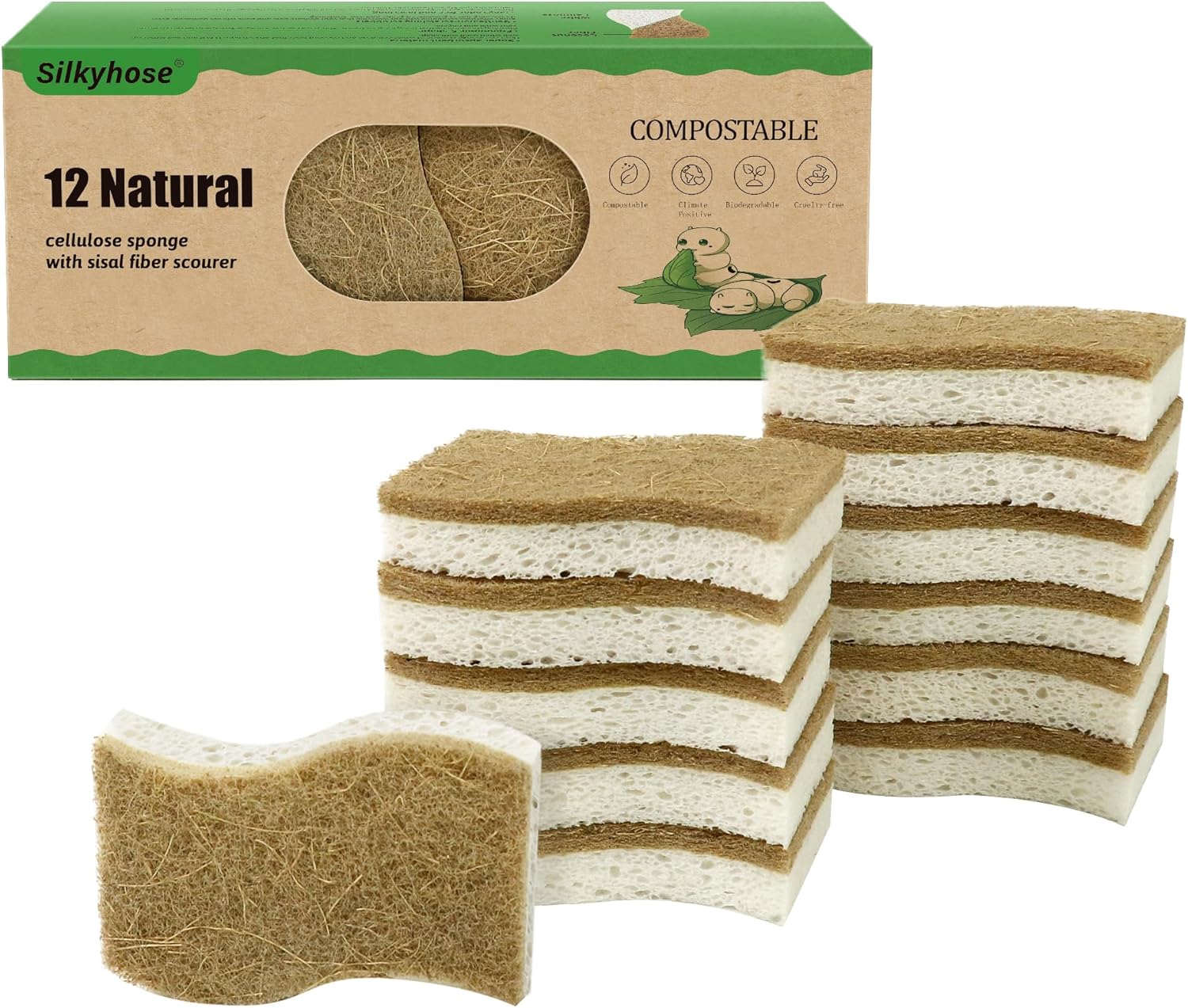 Showcases the product's environmentally friendly packaging and highlights that the sponges are compostable. Displays the natural cellulose sponges with sisal fiber scourers and shows the quantity…