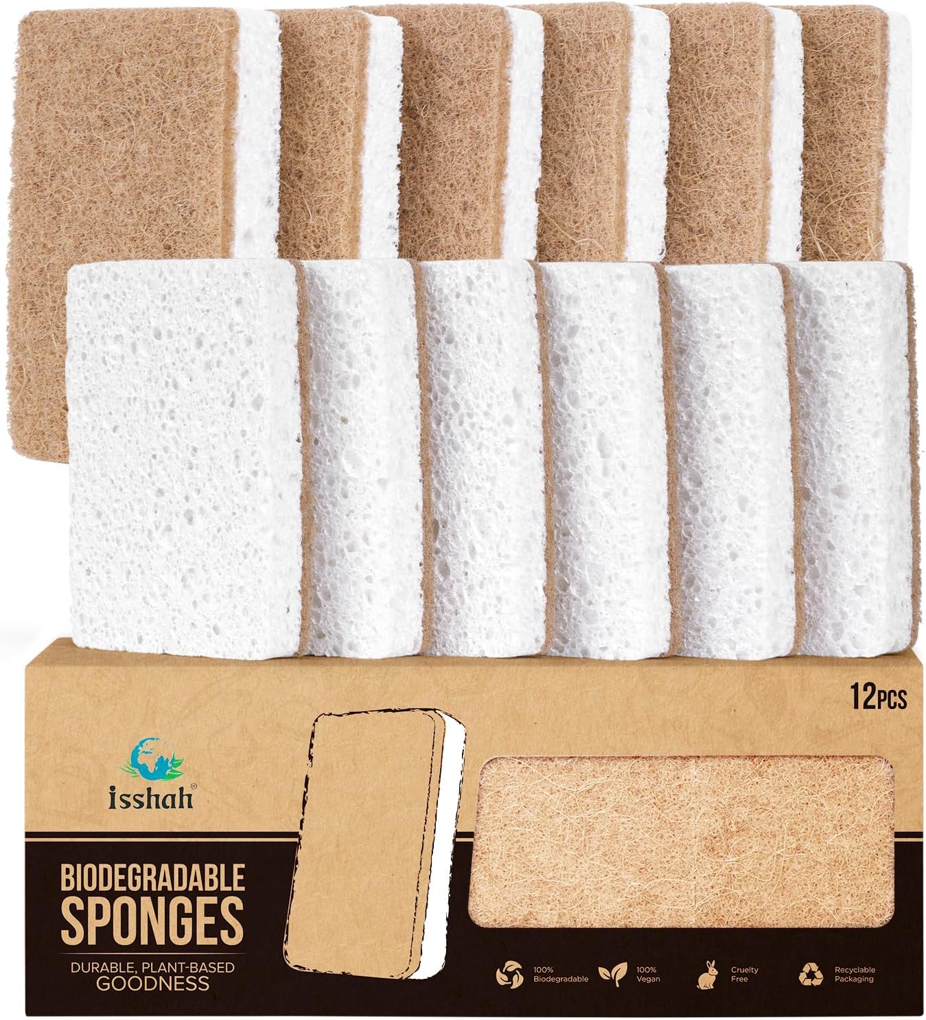 Showcases the product's eco-friendly nature and variety of sponge types included in the package. Displays the different types and quantity of sponges included in the package, highlighting product…