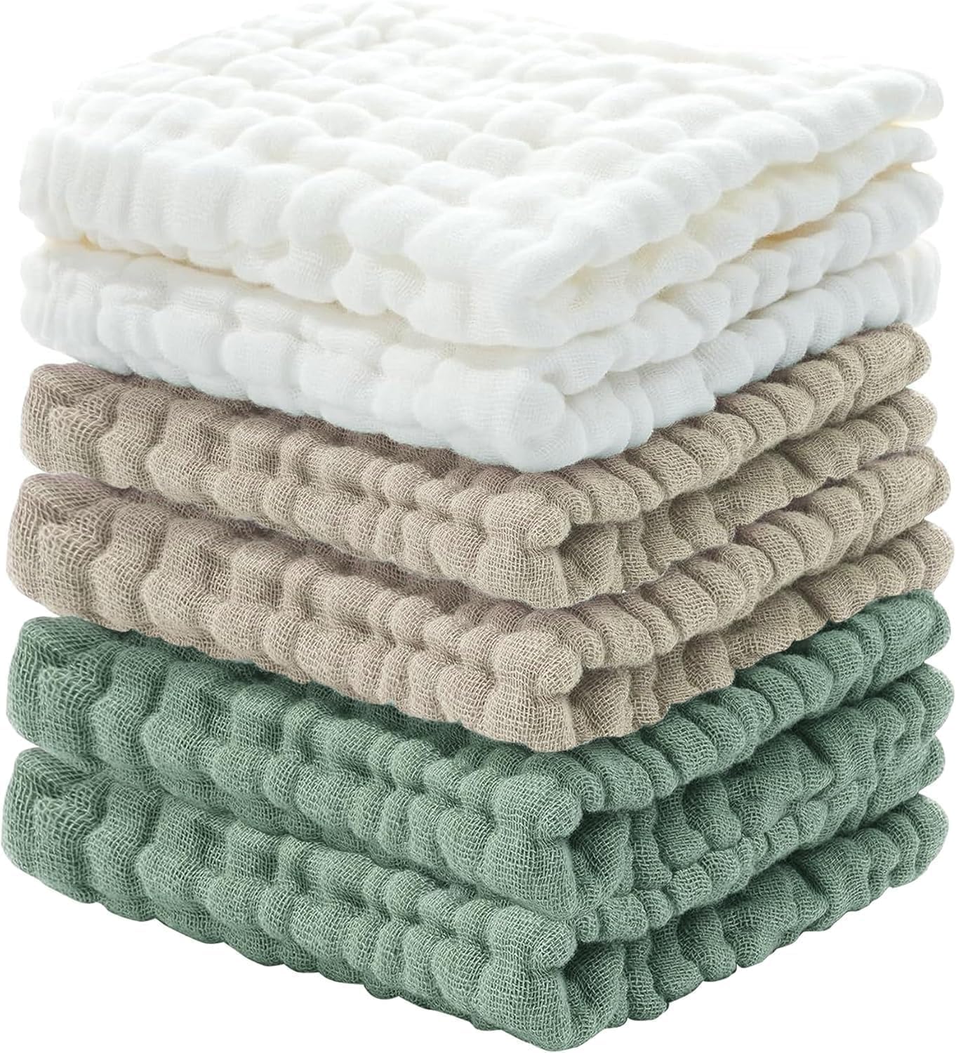 Showcases the product's texture and available color options to highlight quality and variety. Displays multiple color choices of the same textured towel product, allowing customers to visualize…