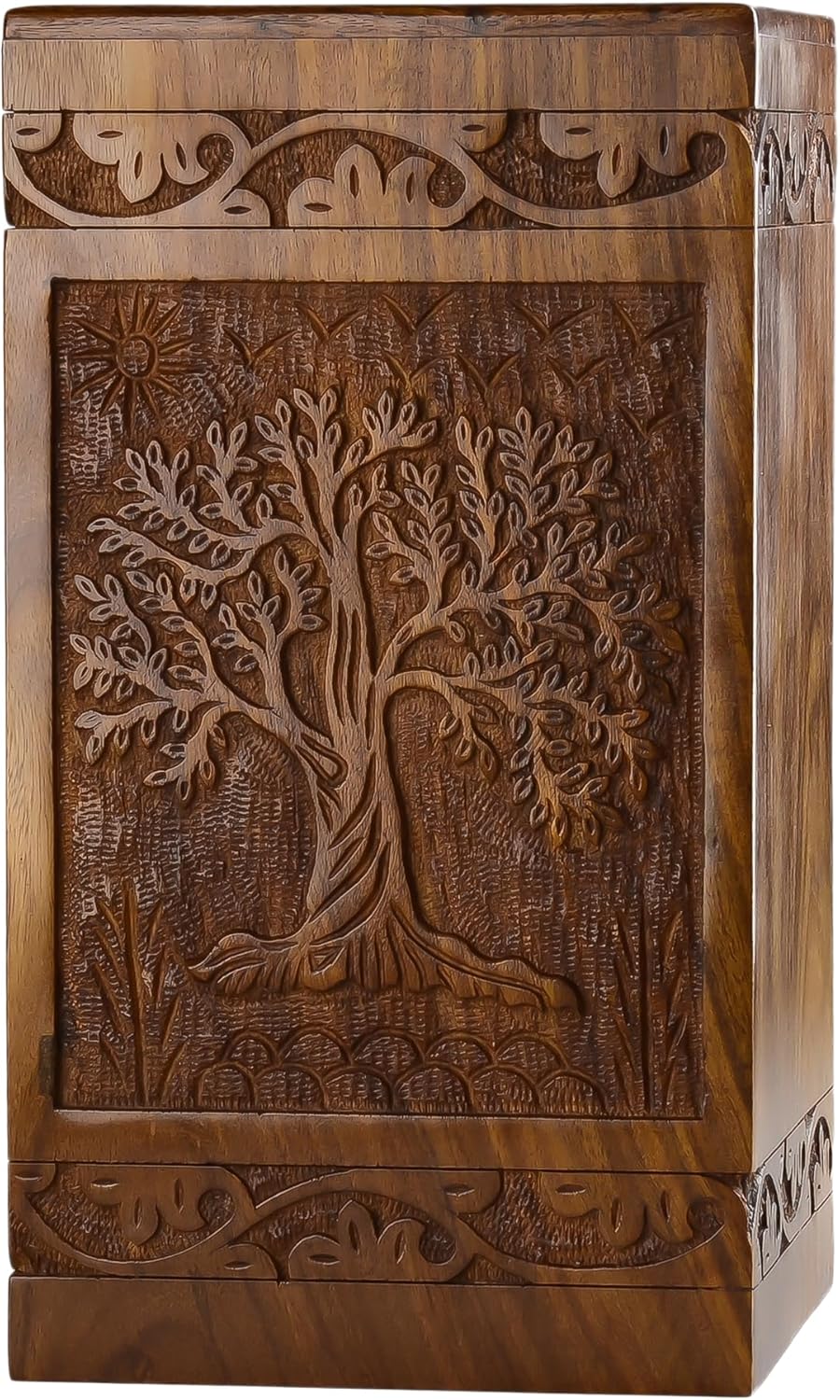 Showcases the intricate carving and craftsmanship of the wooden box, highlighting its artistic and decorative value.
