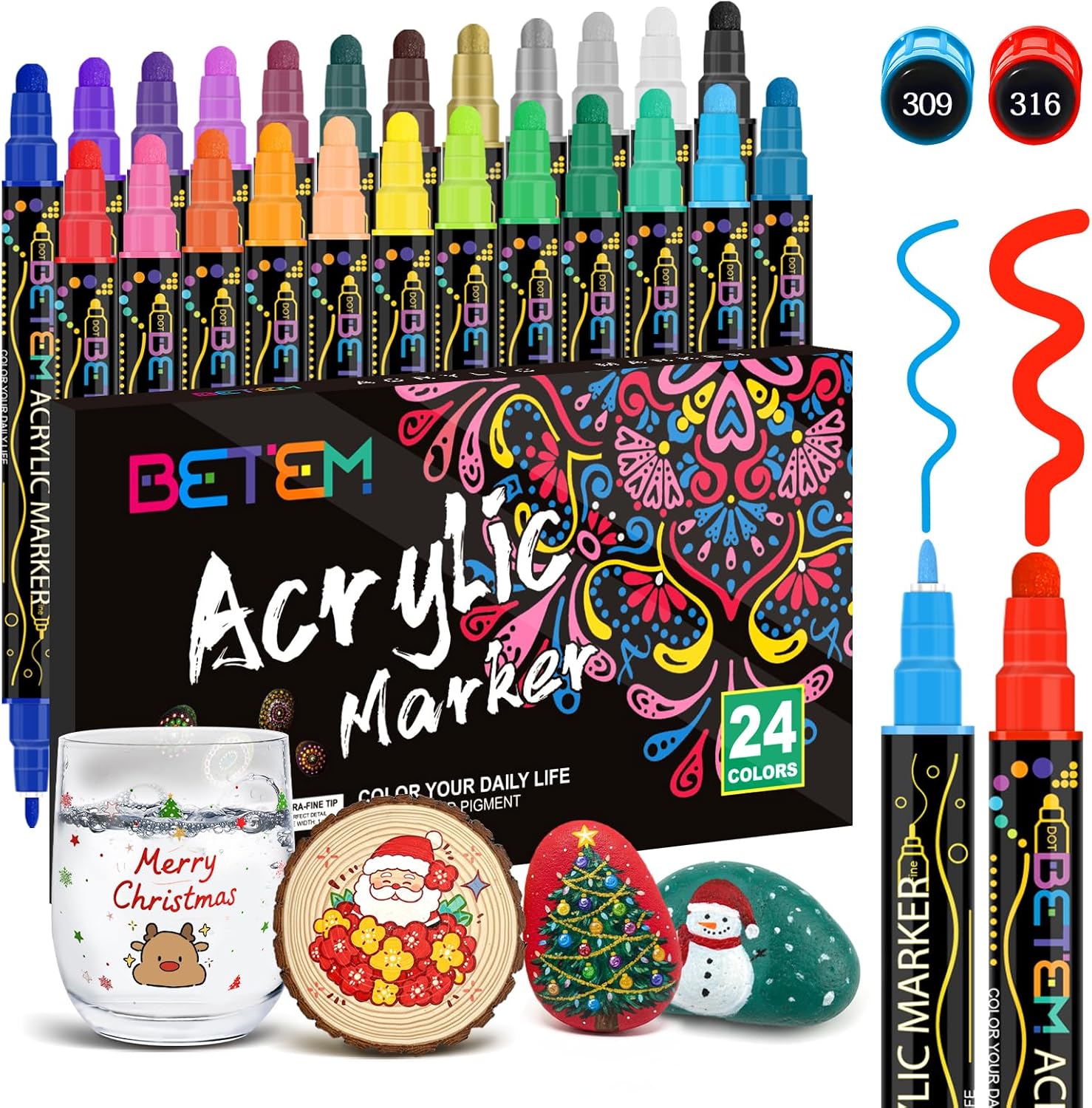 Main Images for Betem 24 Colors Dual Tip Acrylic Paint Pens Markers