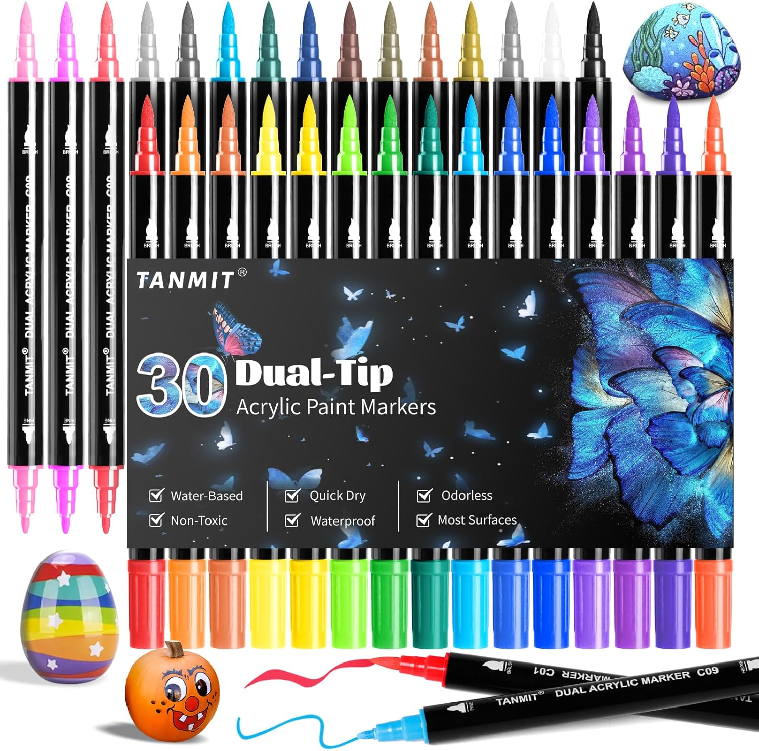 Showcases the wide range of vibrant colors and dual-tip feature of the acrylic paint markers. Displays the full set of 30 markers along with sample painted…