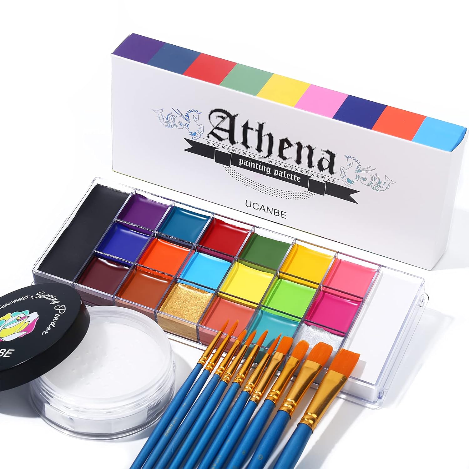 Showcases the complete painting set with vibrant color palette and included brushes to highlight the product's versatility and value.