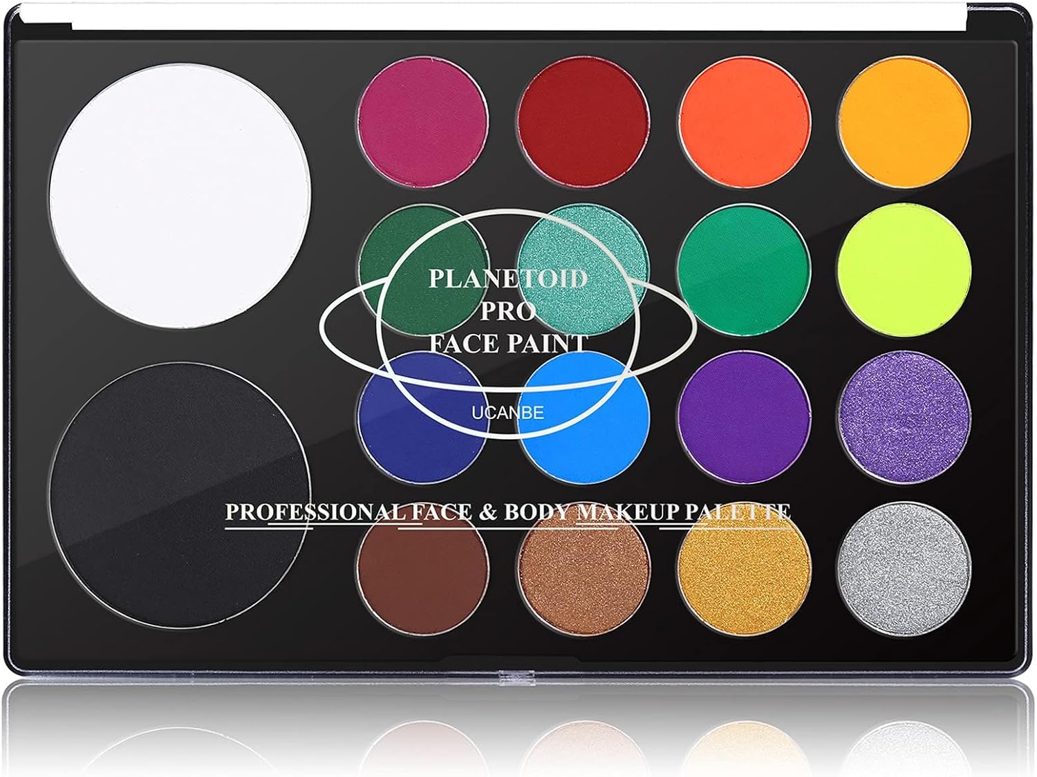 Showcases the wide range of vibrant colors available in the face paint palette, appealing to makeup artists and enthusiasts. Displays the product in its…