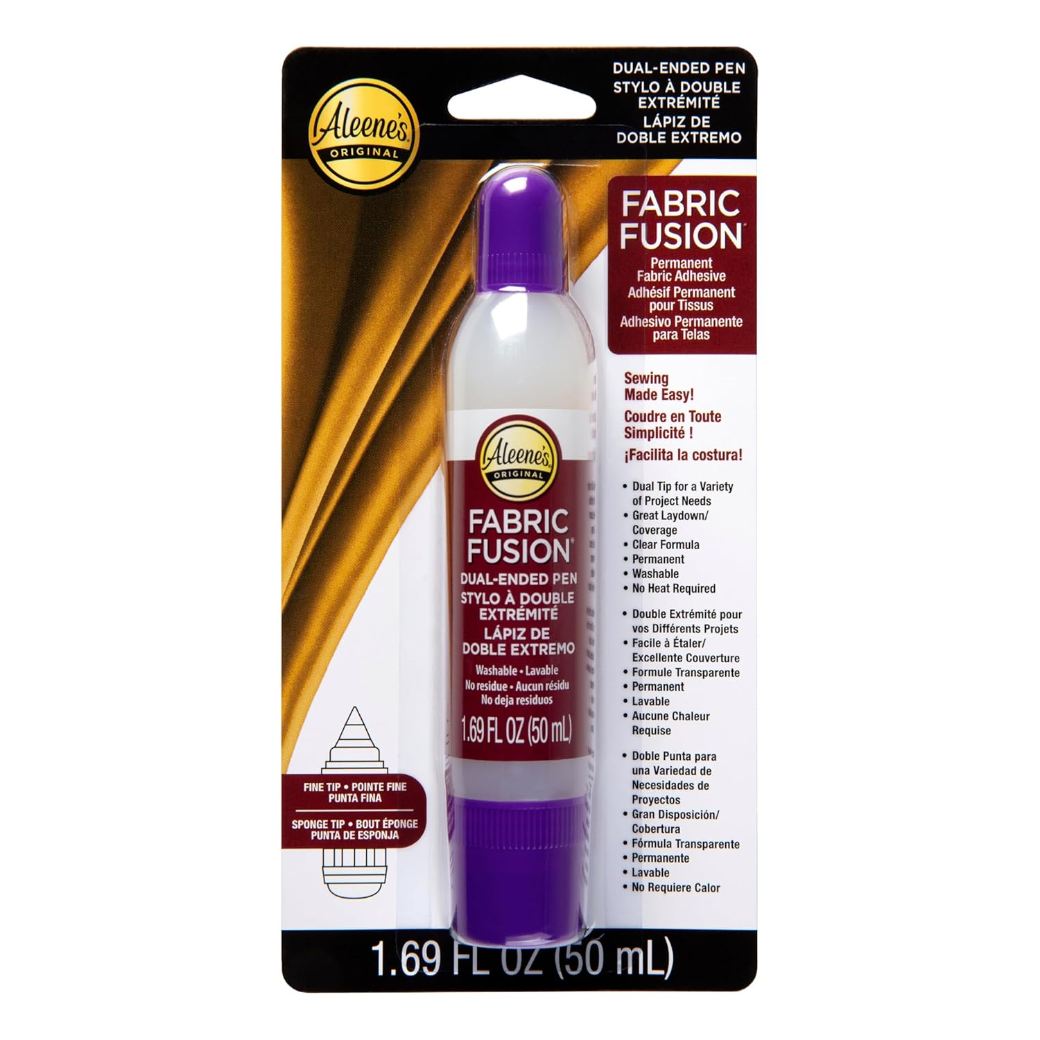 Showcases the product packaging and highlights key features like the dual-ended pen design for fabric adhesive application.