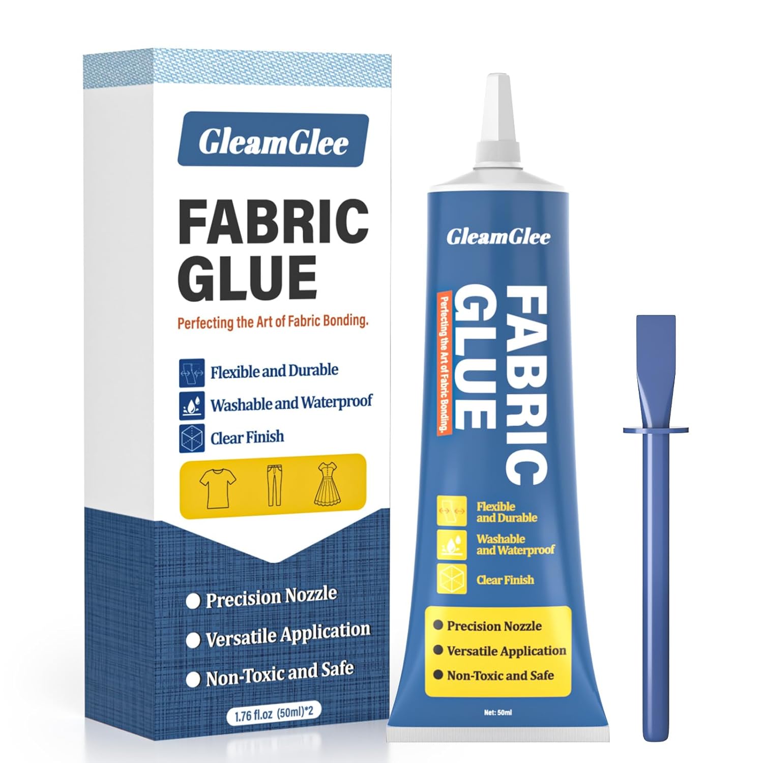 Showcases the product packaging and highlights key features to inform potential buyers about the glue's properties and application.