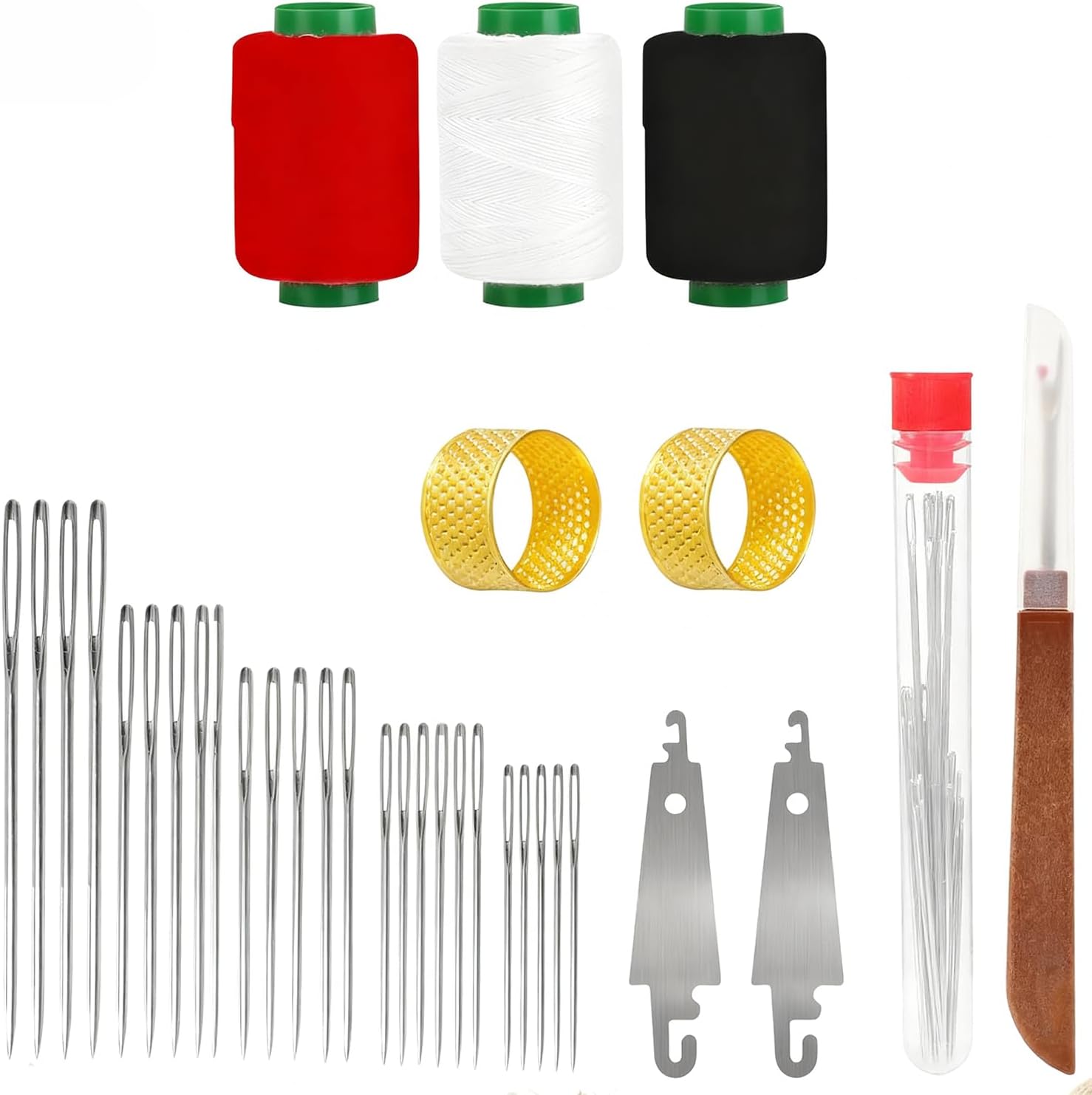 Showcases all the items included in the sewing kit, giving shoppers a clear view of what they'll receive. Displays the variety of sewing tools and materials included, emphasizing the kit's…