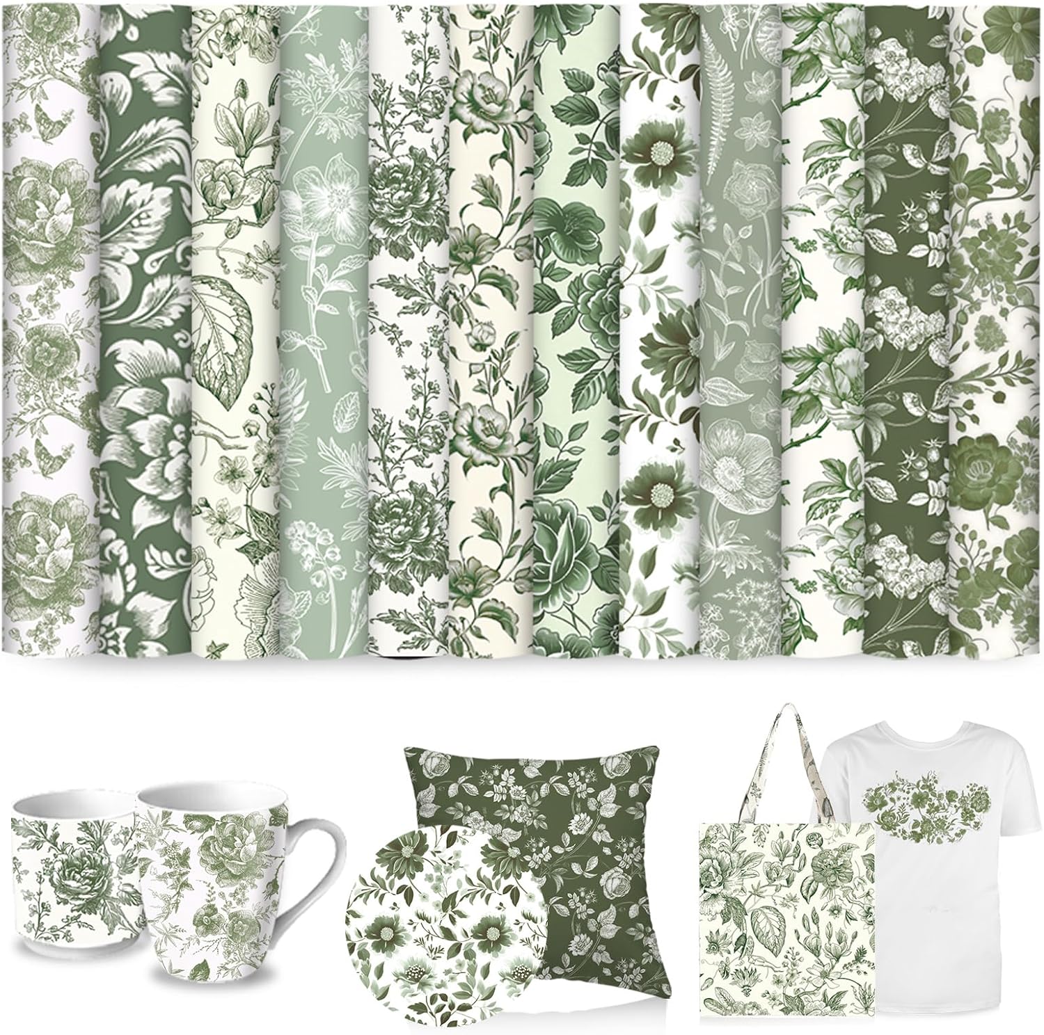 Showcases a variety of green floral patterns to demonstrate the range of designs available for the product.