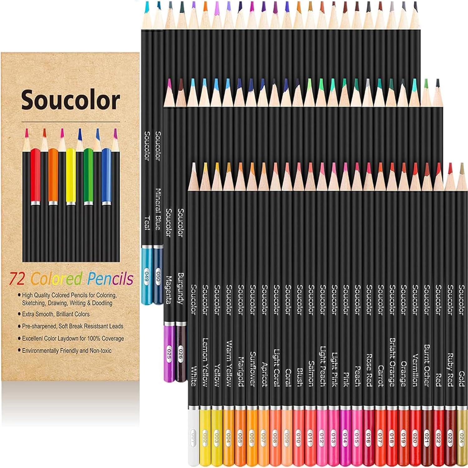 Showcases the wide range of colors available in the pencil set and displays all included items. Clearly shows the quantity and variety of pencils included in the set to inform potential buyers of…