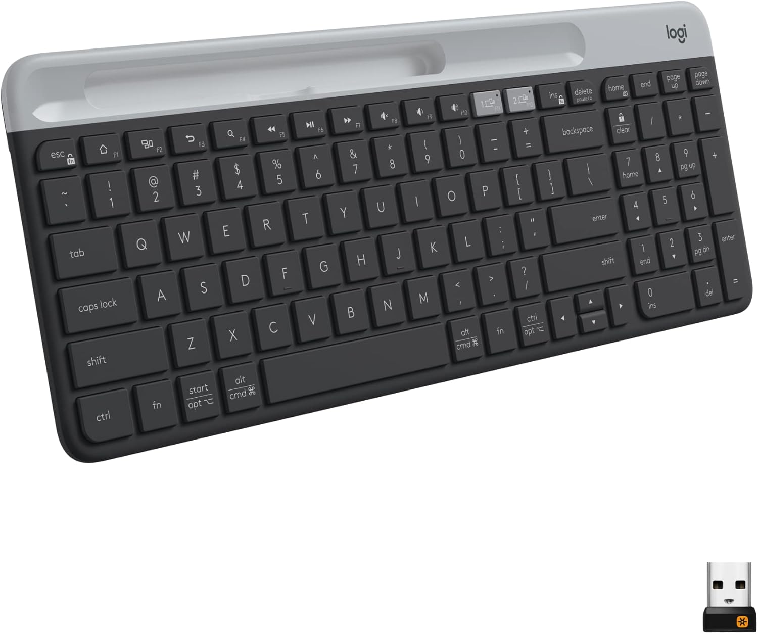 Shows the complete keyboard product with all keys visible to demonstrate its full functionality and layout. Includes the wireless USB dongle to highlight that…