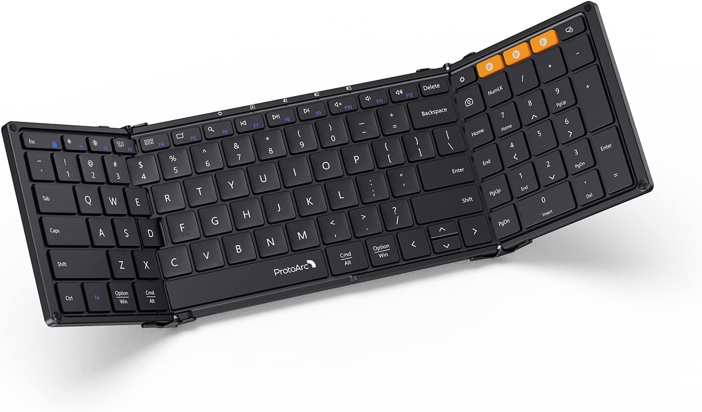 Showcases the product's foldable design and full keyboard layout, highlighting its portability and functionality.