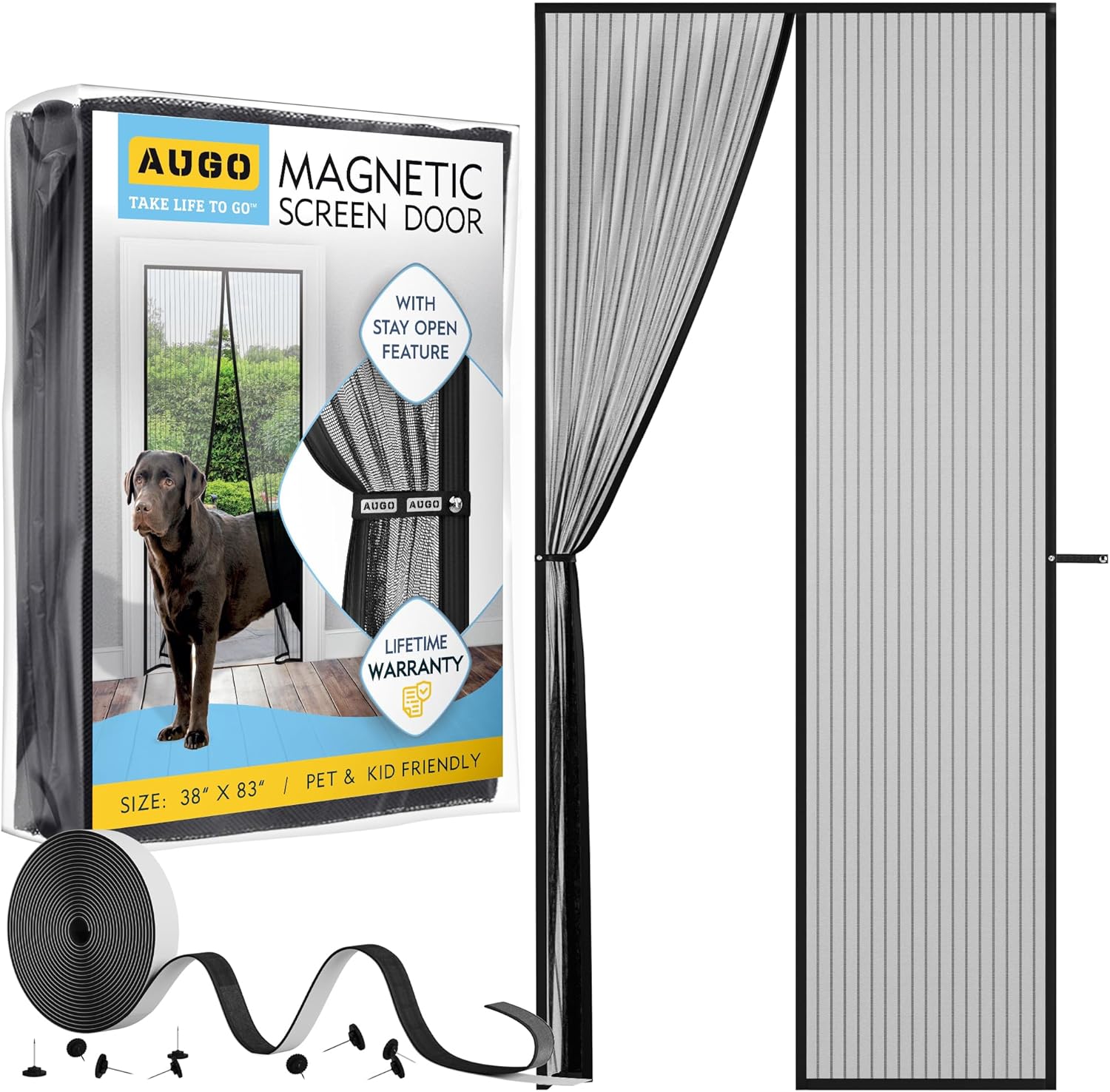 Shows the product packaging and installed screen door to demonstrate its appearance and functionality. Displays the product packaging to show branding and key features to potential buyers.