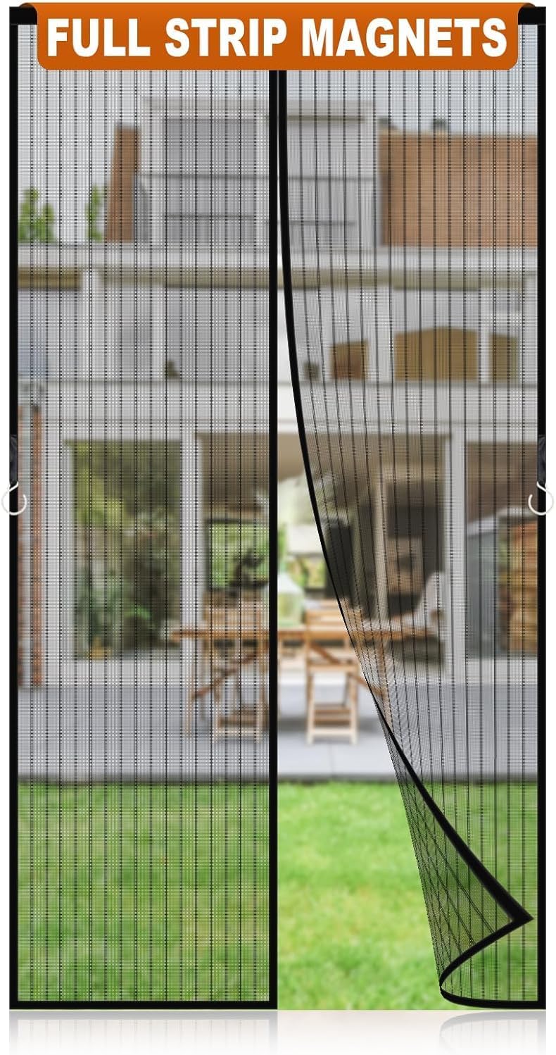 Showcases the product's functionality as a magnetic screen door that allows easy access while keeping insects out.