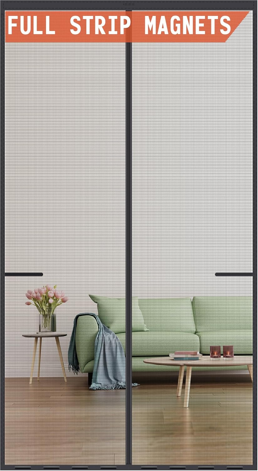 Showcases the full-length magnetic screen door installed on a doorframe, demonstrating its coverage and seamless integration. Displays the product in a real-world setting, showing how it complements…