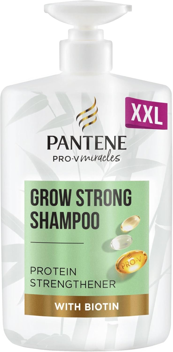 Showcases the product's large size and key benefits (grow strong, protein strengthener, biotin) to attract customers looking for hair strengthening solutions.