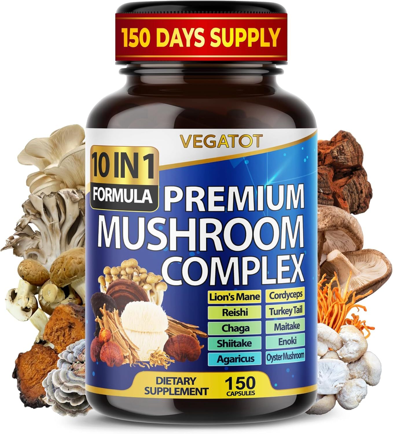 Showcases the product's packaging and highlights the large 150-day supply to emphasize value. Also displays various mushroom ingredients to communicate the…