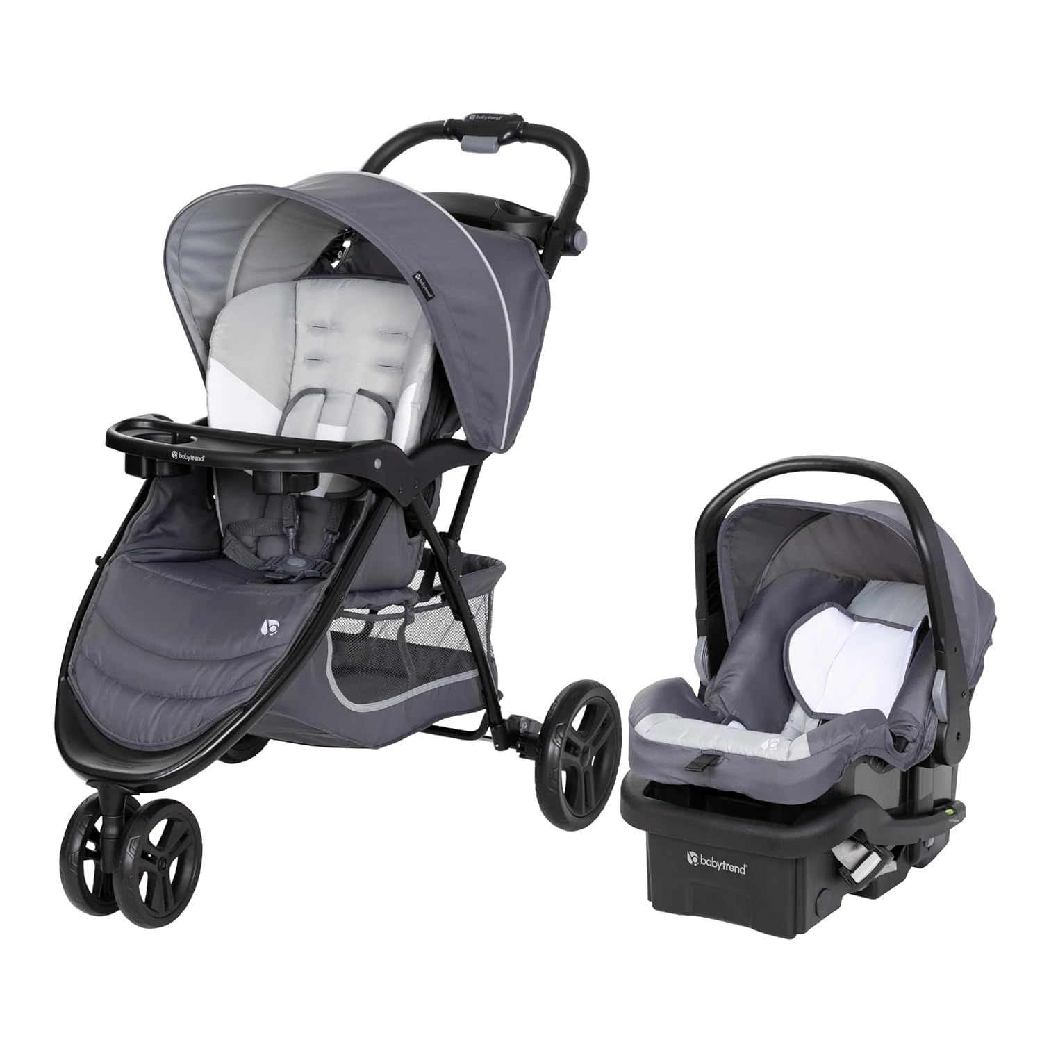 Showcases the complete travel system including stroller and detachable car seat to demonstrate versatility and value. Displays all major components of the travel system to show buyers exactly what…