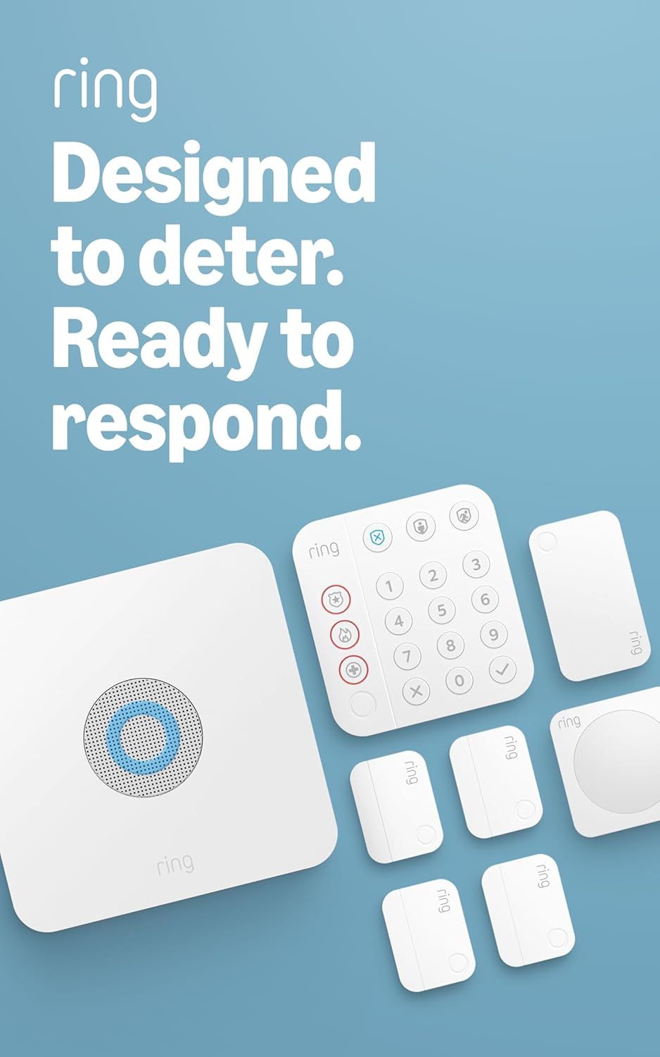Showcases the complete Ring home security system components to demonstrate the comprehensive protection offered. Displays all the individual parts of the Ring security system to highlight the full…