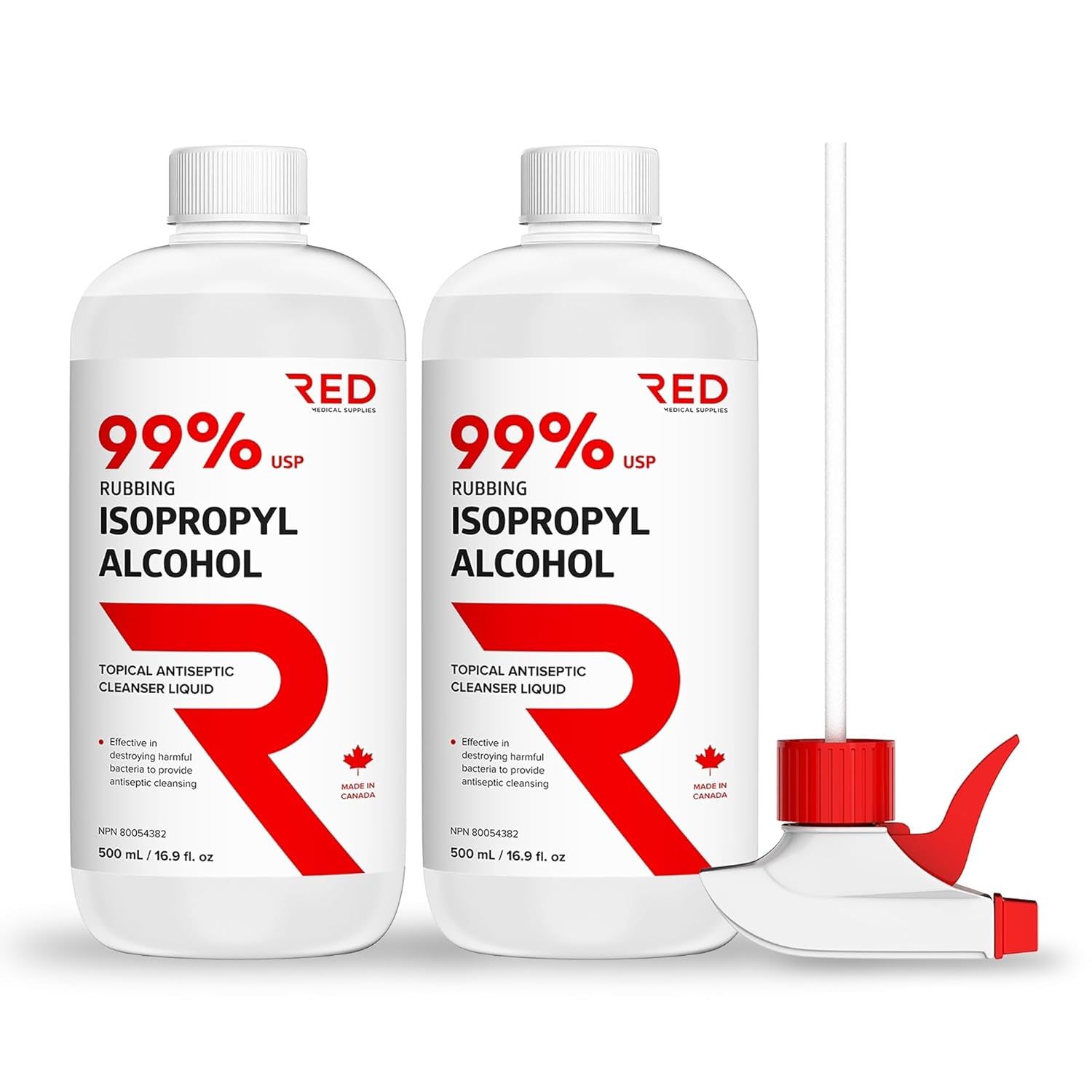 Shows buyers that the purchase includes two bottles of isopropyl alcohol plus a convenient dispenser pump for easy application.