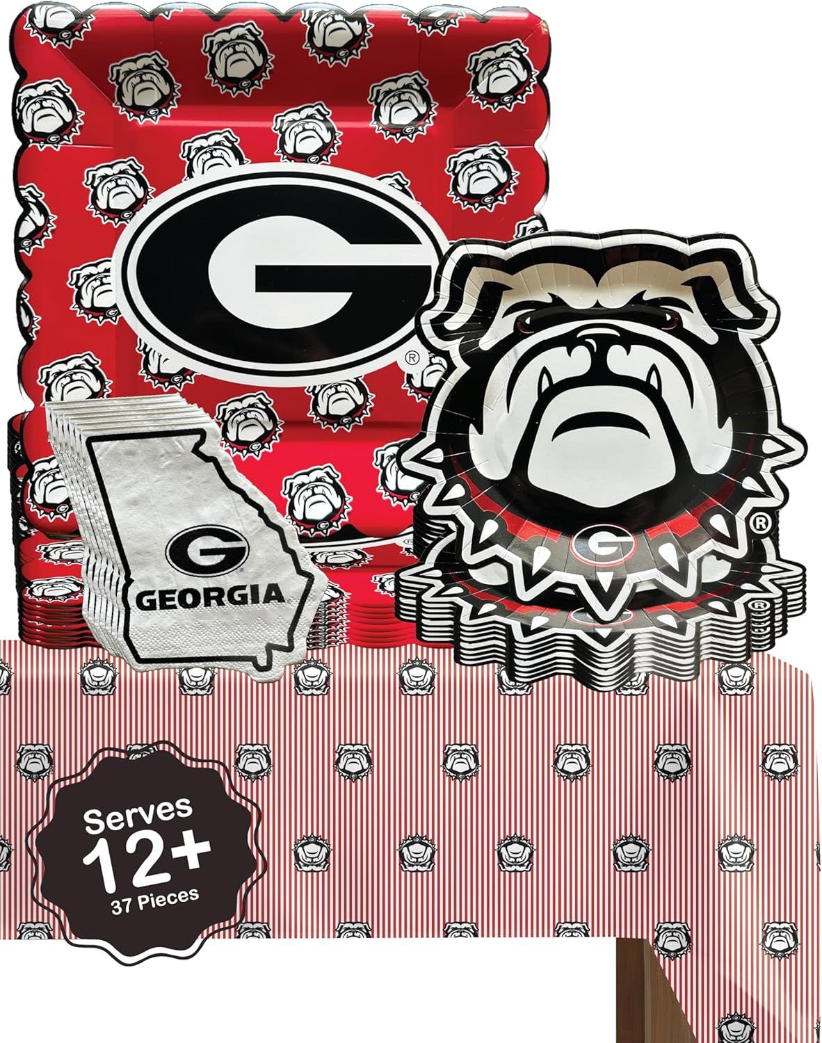 Shows the product in its retail packaging to communicate brand identity and what the customer will receive, emphasizing the University of Georgia themed party…