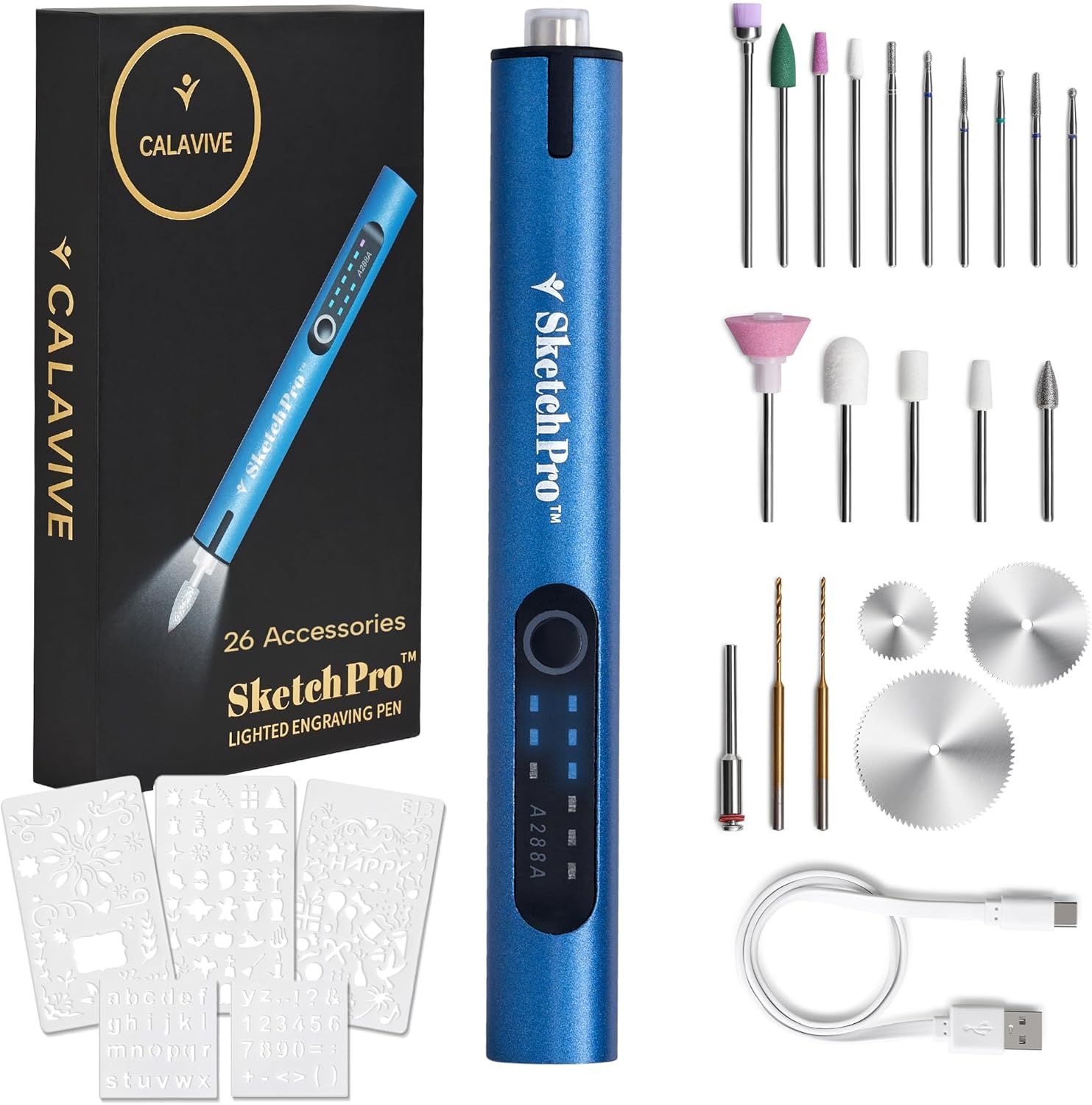 Shows buyers exactly what they will receive in the box, including the engraving pen, all accessory bits, stencils, and charging cable to demonstrate the complete value of the purchase. Displays the…
