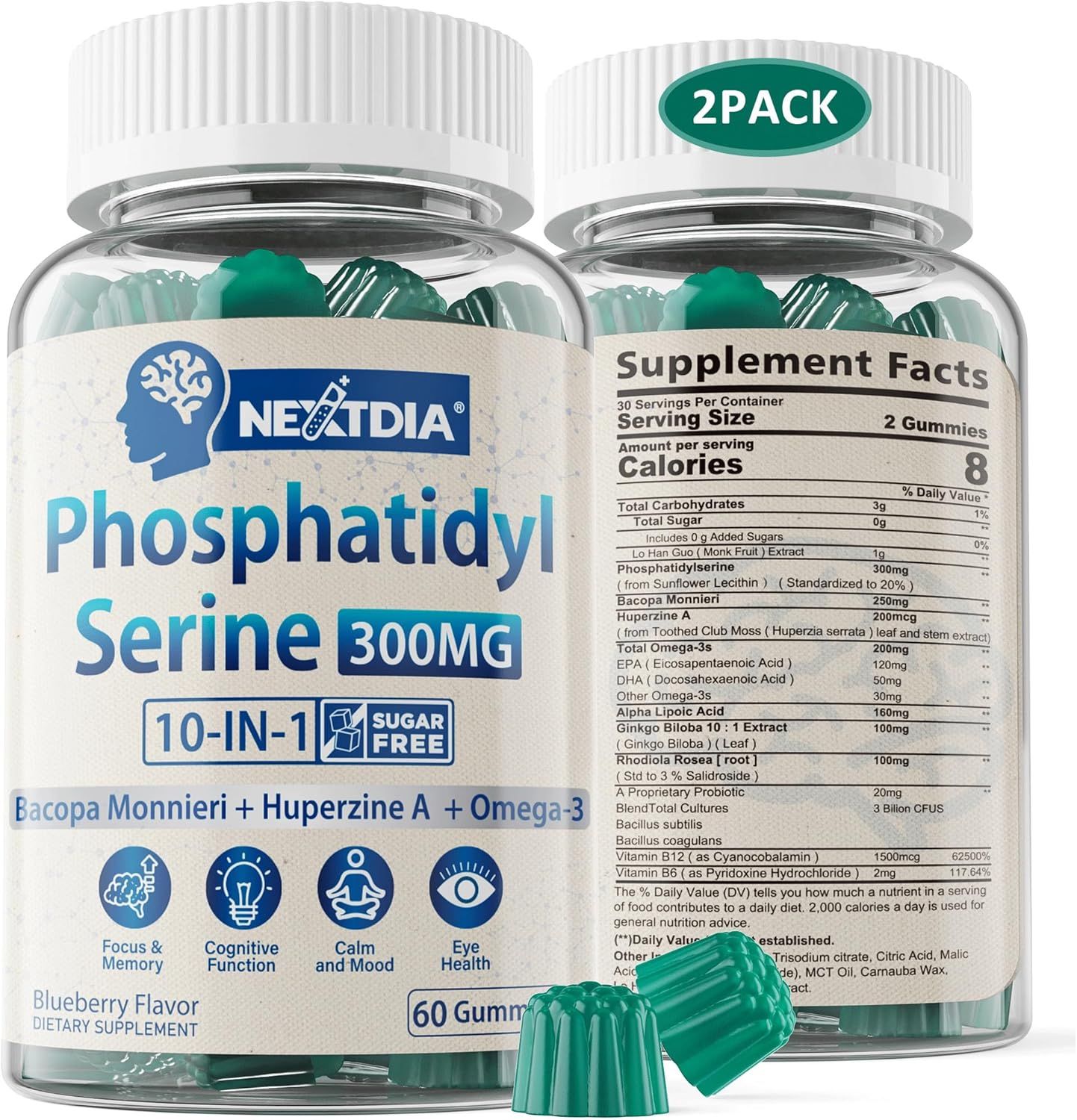 Shows the product in its retail packaging with both front label and supplement facts panel visible to communicate brand identity, ingredients, and what the customer will receive.