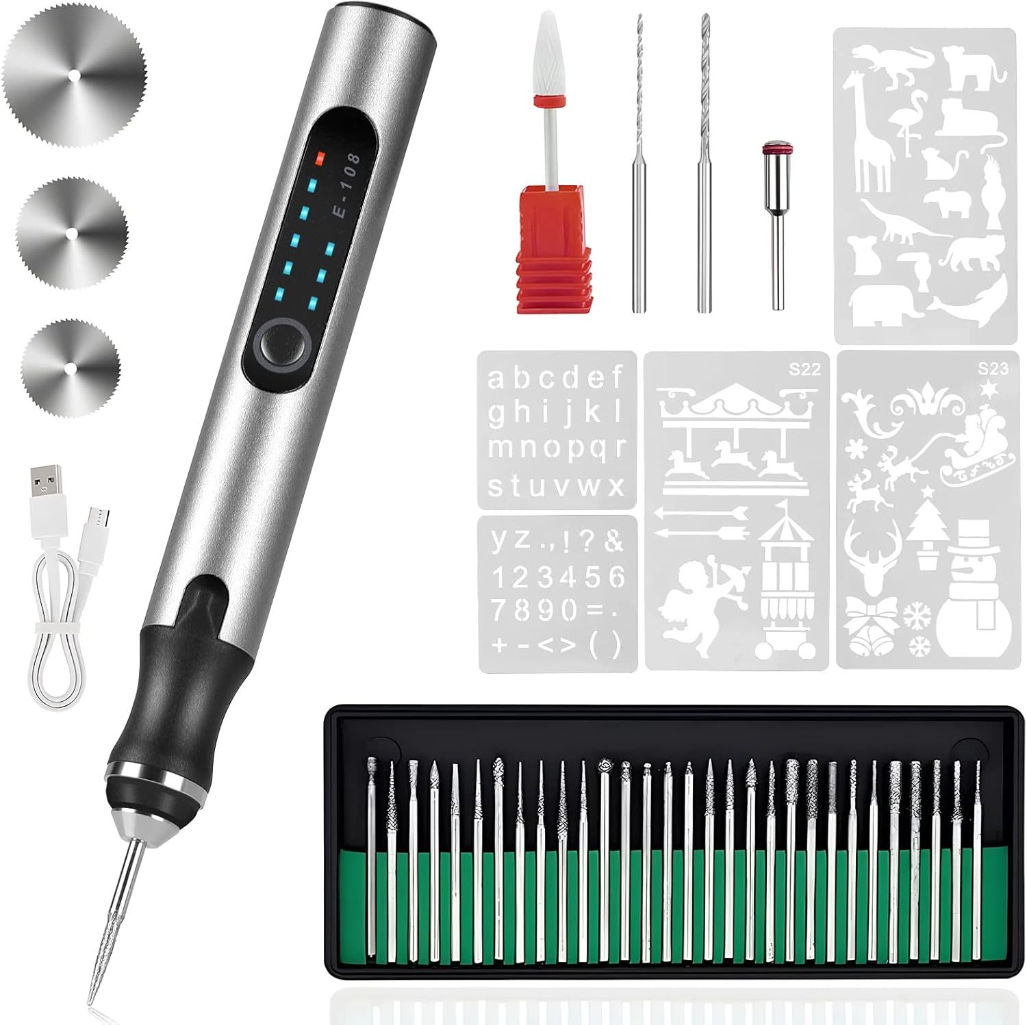Shows buyers exactly what they will receive in the purchase, including the engraving tool, multiple bits, blades, stencils, USB cable, and all accessories.