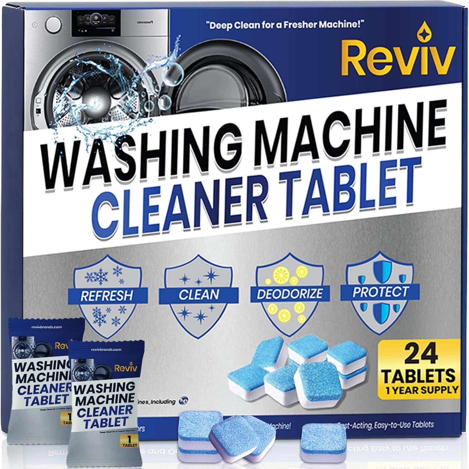 Shows the product in its branded retail packaging alongside individual tablets to communicate professionalism, brand identity, and what the customer will receive.