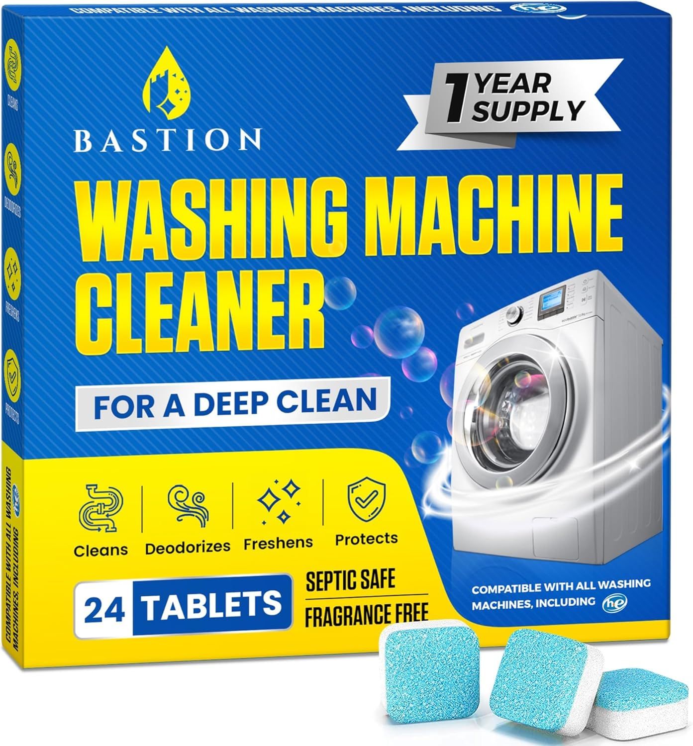 Shows the washing machine cleaner tablets alongside their branded retail box to communicate professionalism, brand identity, and what the customer will receive.