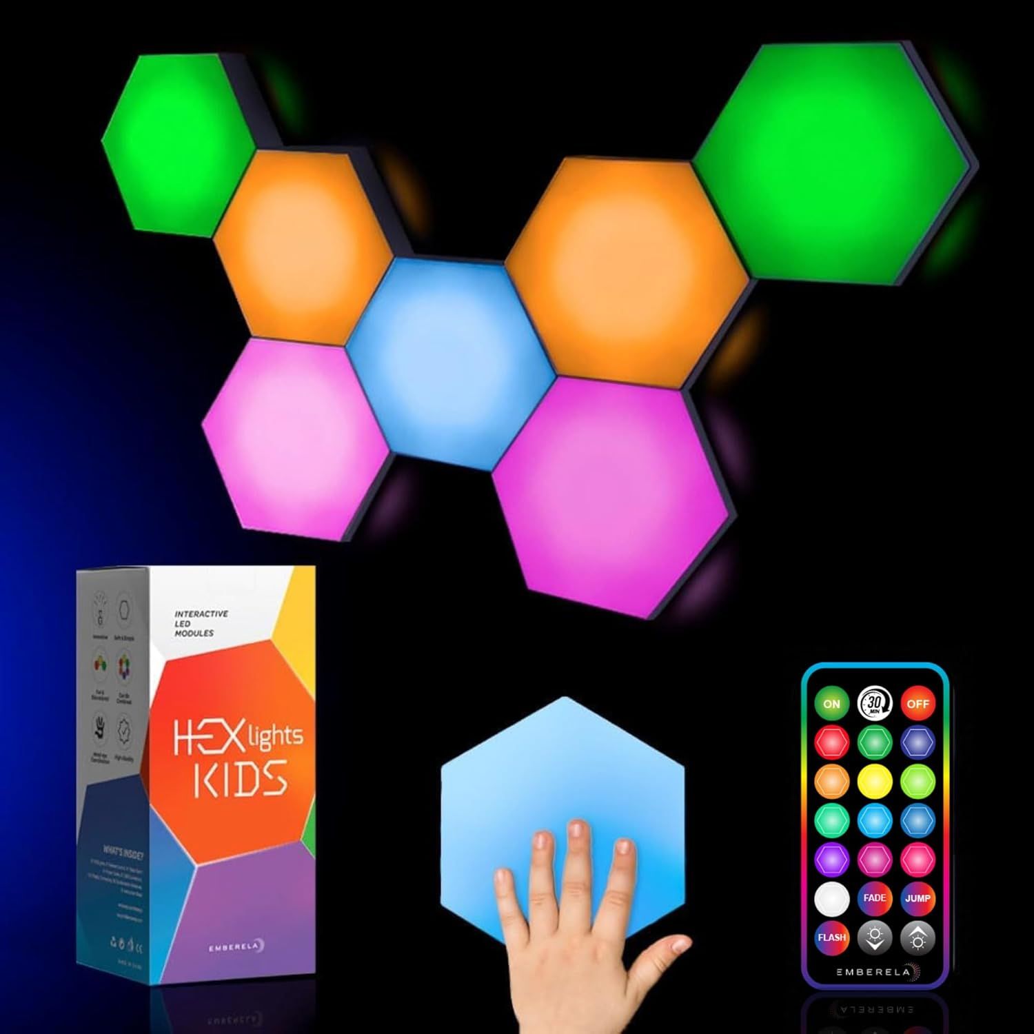 Shows buyers exactly what they will receive: the hexagonal LED light panels, product packaging, and remote control for operating the lights. Displays the branded HEX lights KIDS packaging alongside…
