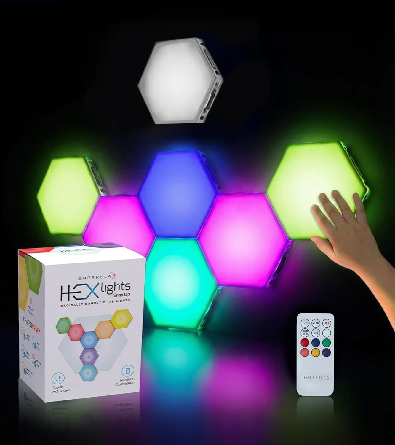 Shows the buyer exactly what is included in the purchase: the hexagonal magnetic lights, product packaging, and remote control, demonstrating the complete package and functionality.