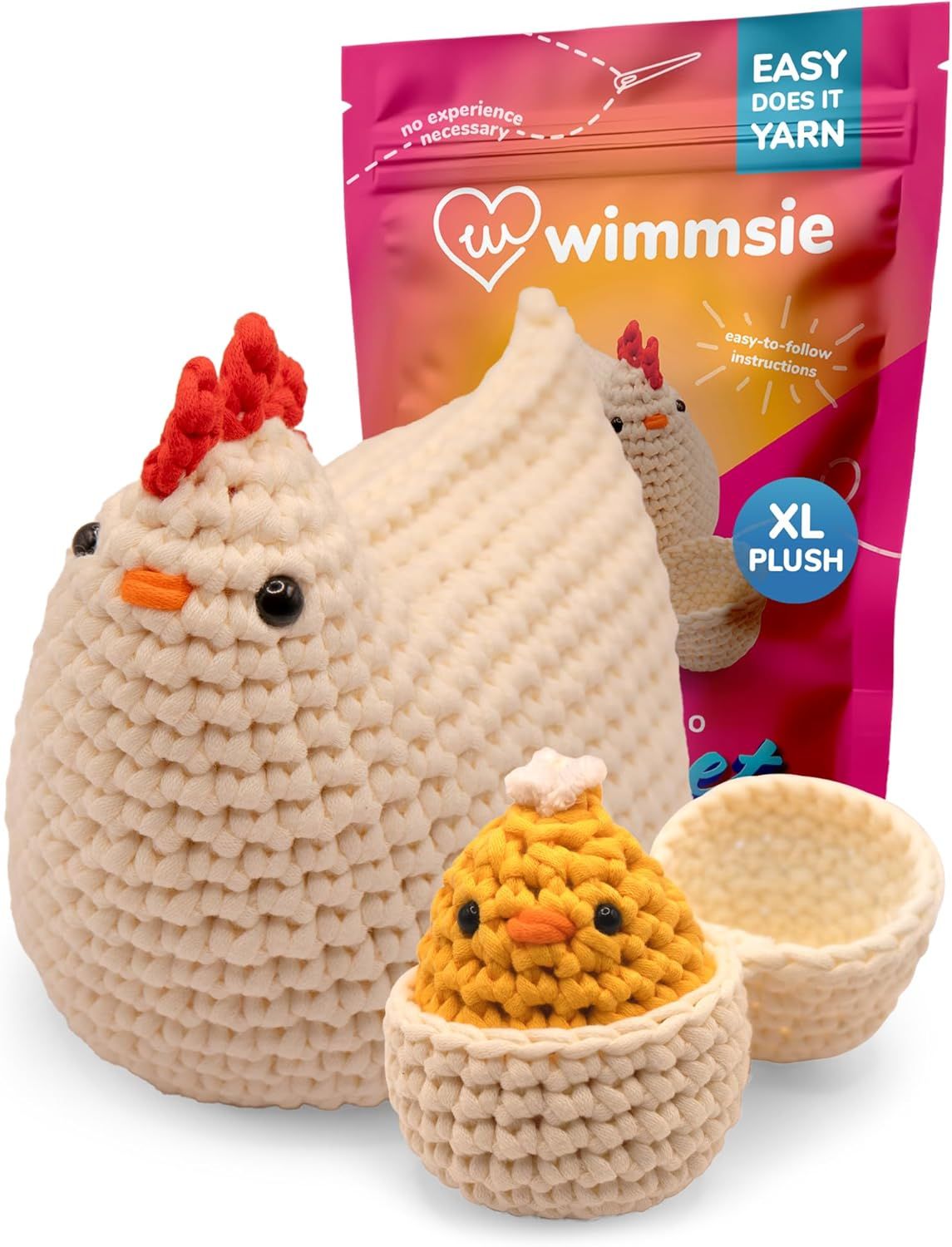 Shows all items included in the craft kit: the finished plush chicken, baby chick, egg basket, and packaging to demonstrate what the buyer will receive. Displays the product with its retail…