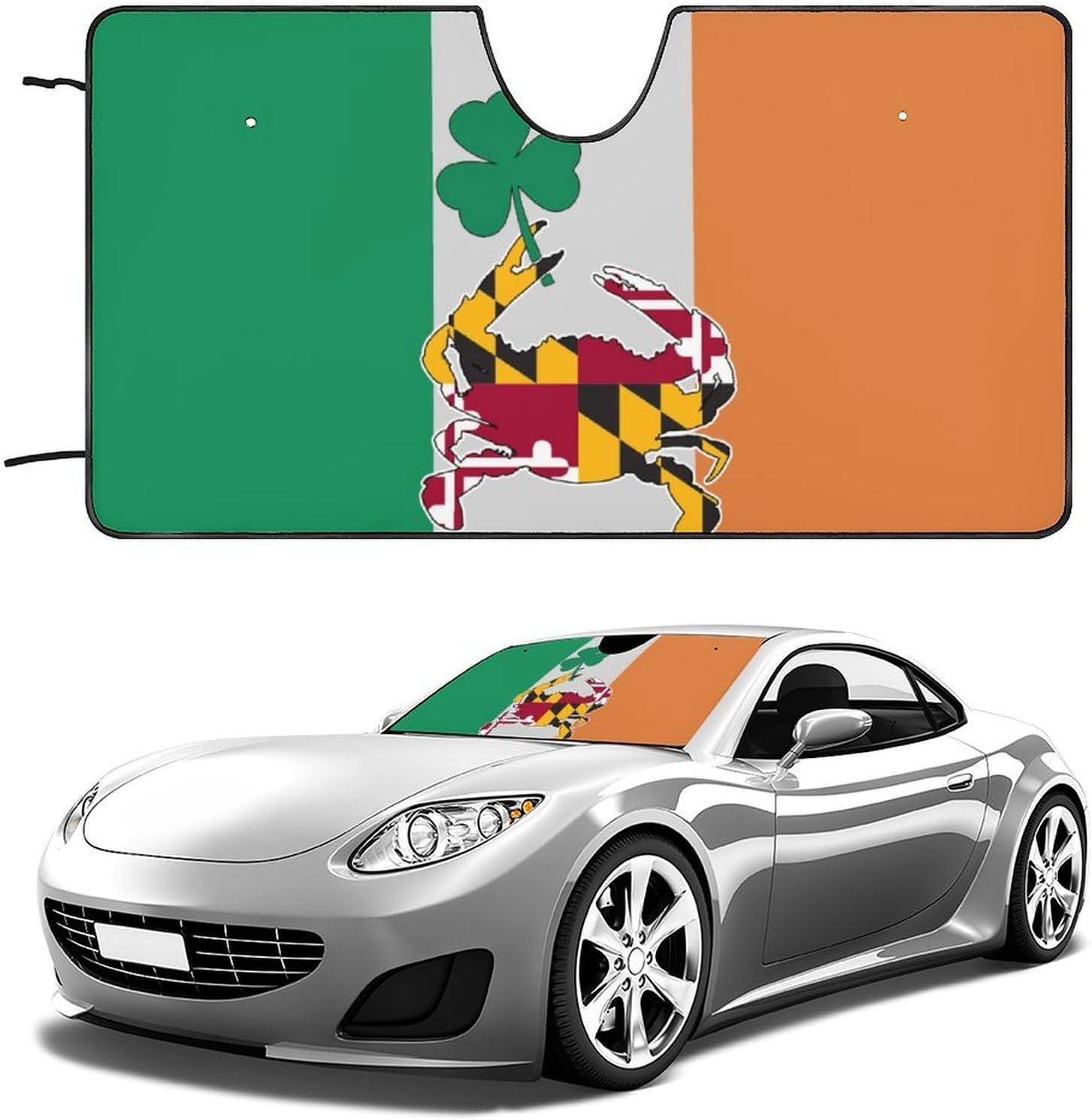 Shows the core product clearly with its unique design featuring Irish flag colors and Maryland crab pattern, helping shoppers identify what they are purchasing. Demonstrates how the sunshade looks…