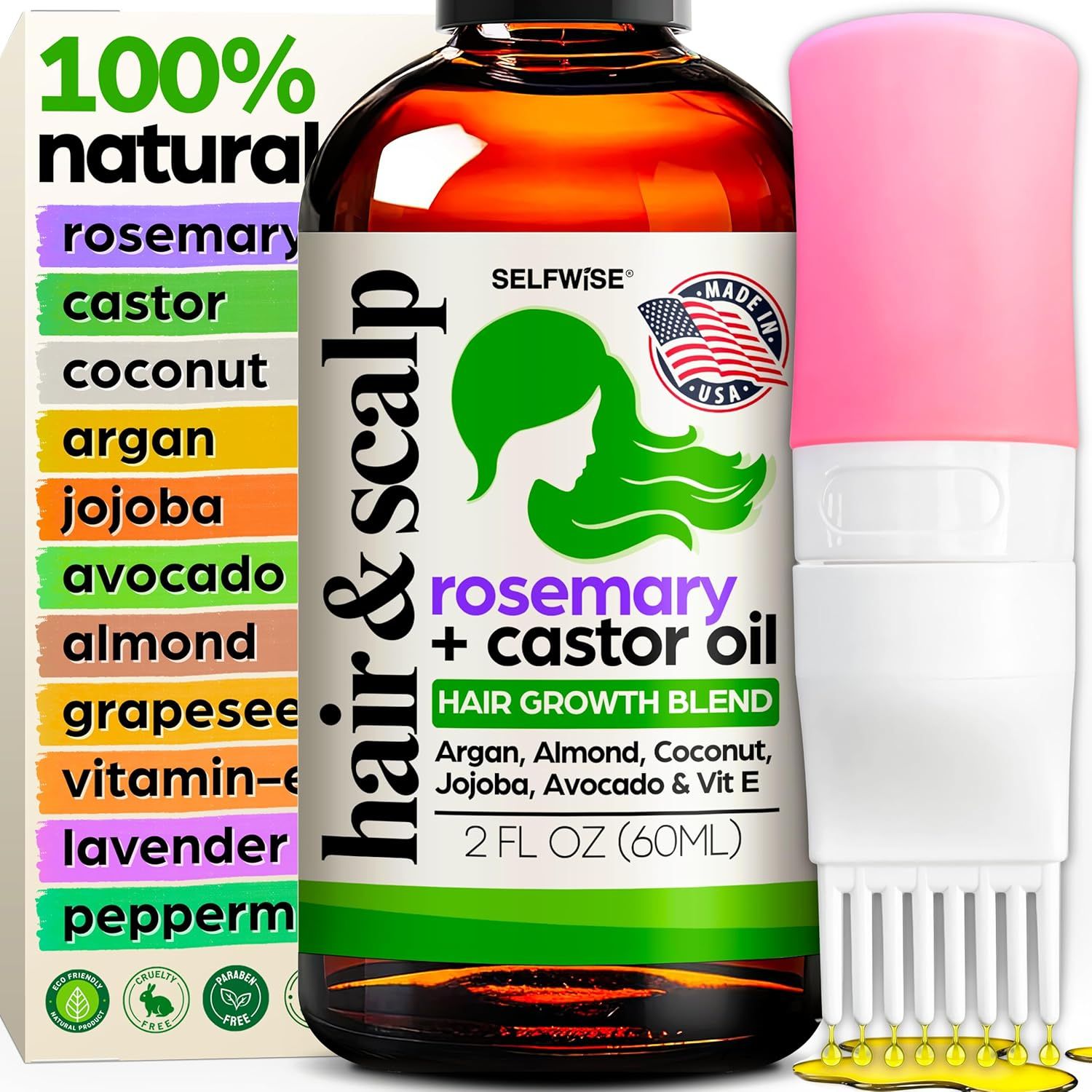 Shows the buyer exactly what is included in the purchase: the hair oil bottle, product packaging, and a pink applicator tool for easy application.