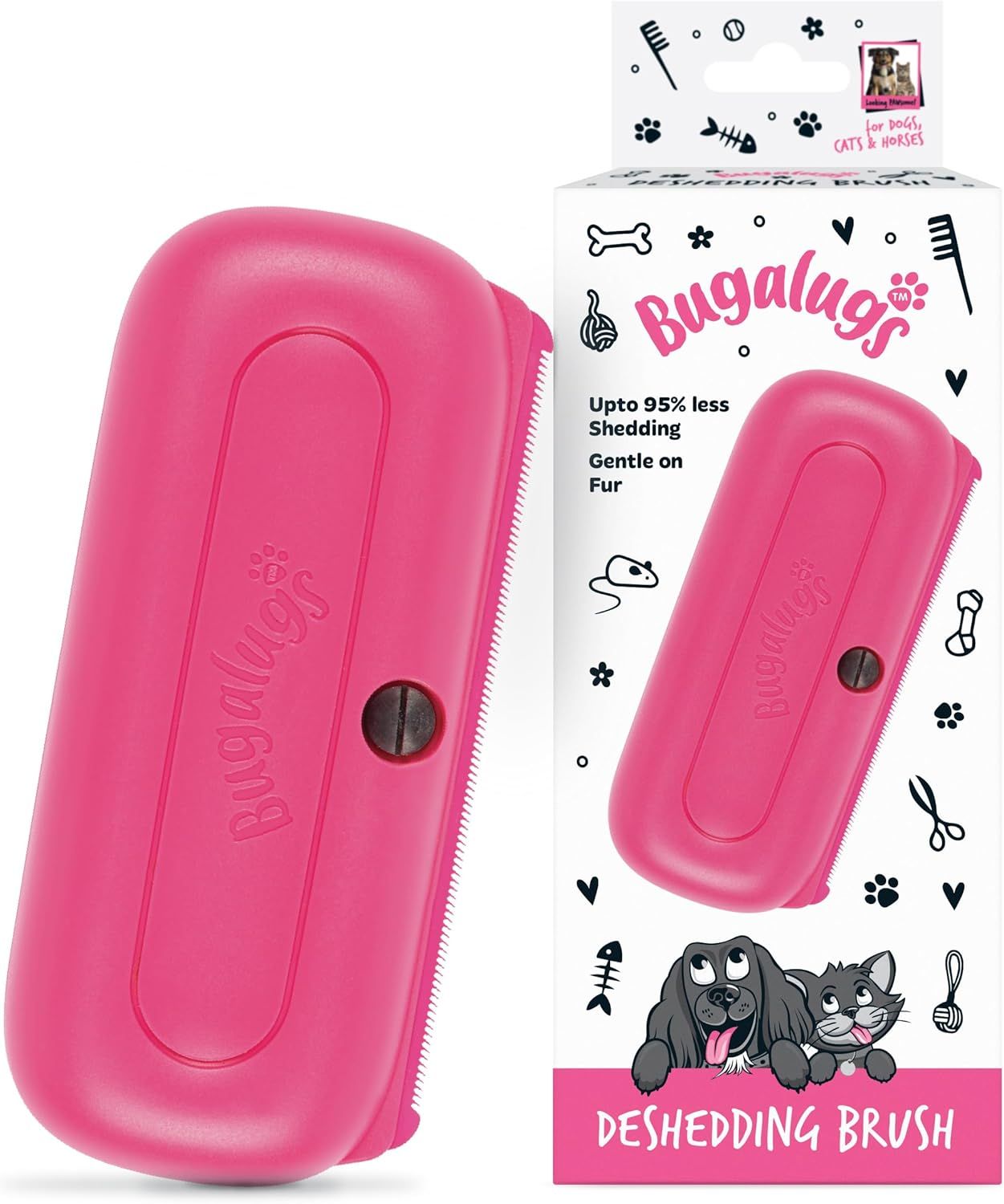 Shows the product alongside its branded retail packaging to communicate professionalism and what the customer will receive, while highlighting the deshedding brush feature for pets.