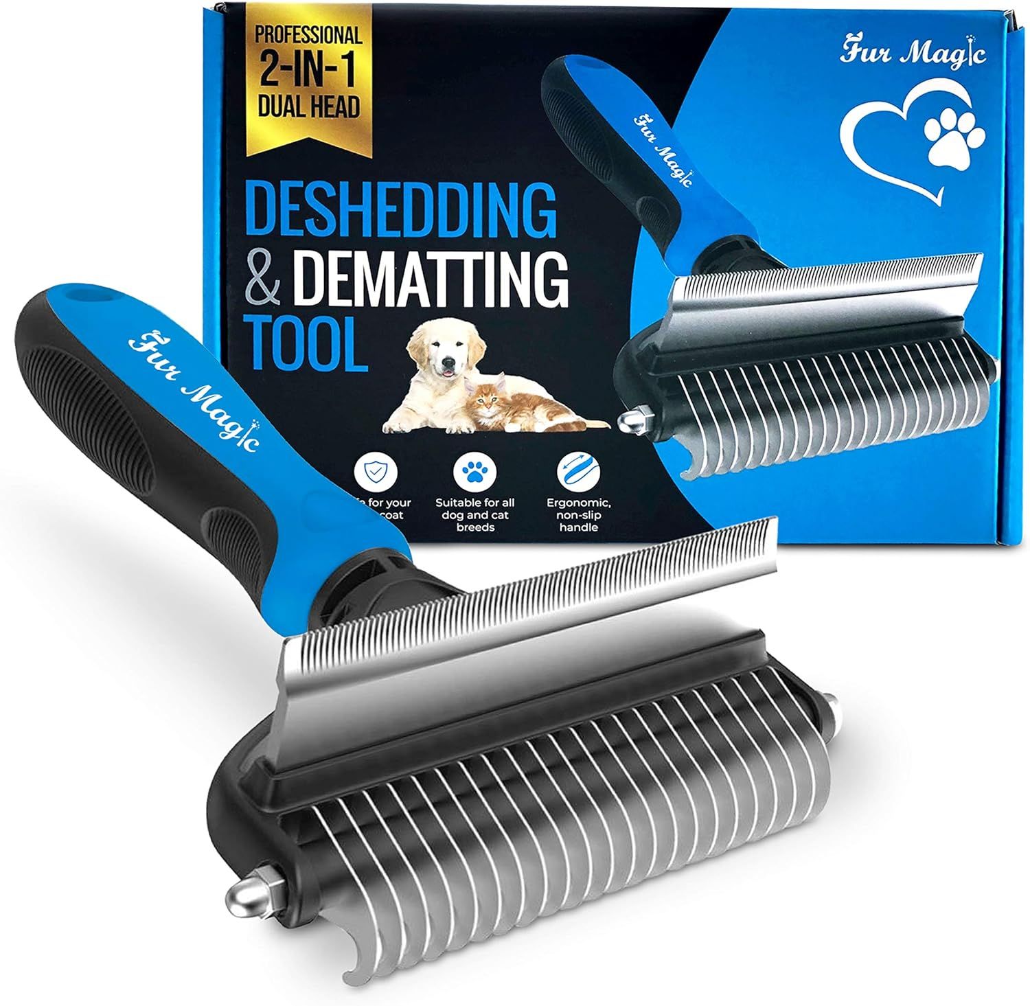 Shows the product alongside its retail packaging to communicate brand identity, professionalism, and what the customer will receive, emphasizing the dual-head deshedding and dematting functionality.