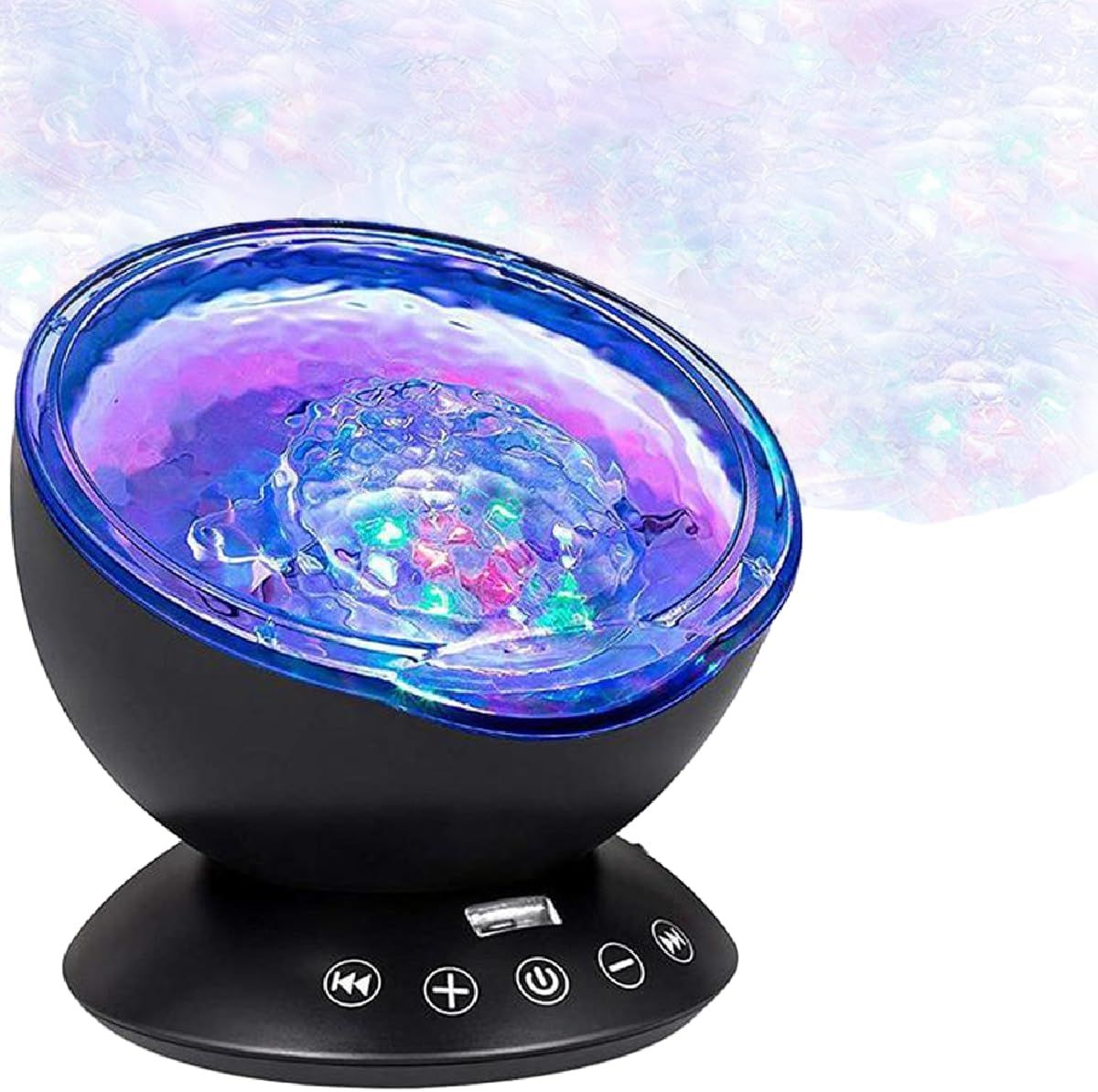 Showcases the product with enhanced visual effects including colorful light projections and water-like textures to demonstrate the ambient lighting feature and create emotional appeal.