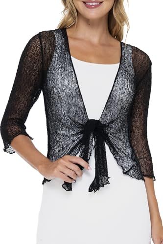 Shows how the shrug fits and drapes on a person to help shoppers visualize the garment on themselves and understand its styling.