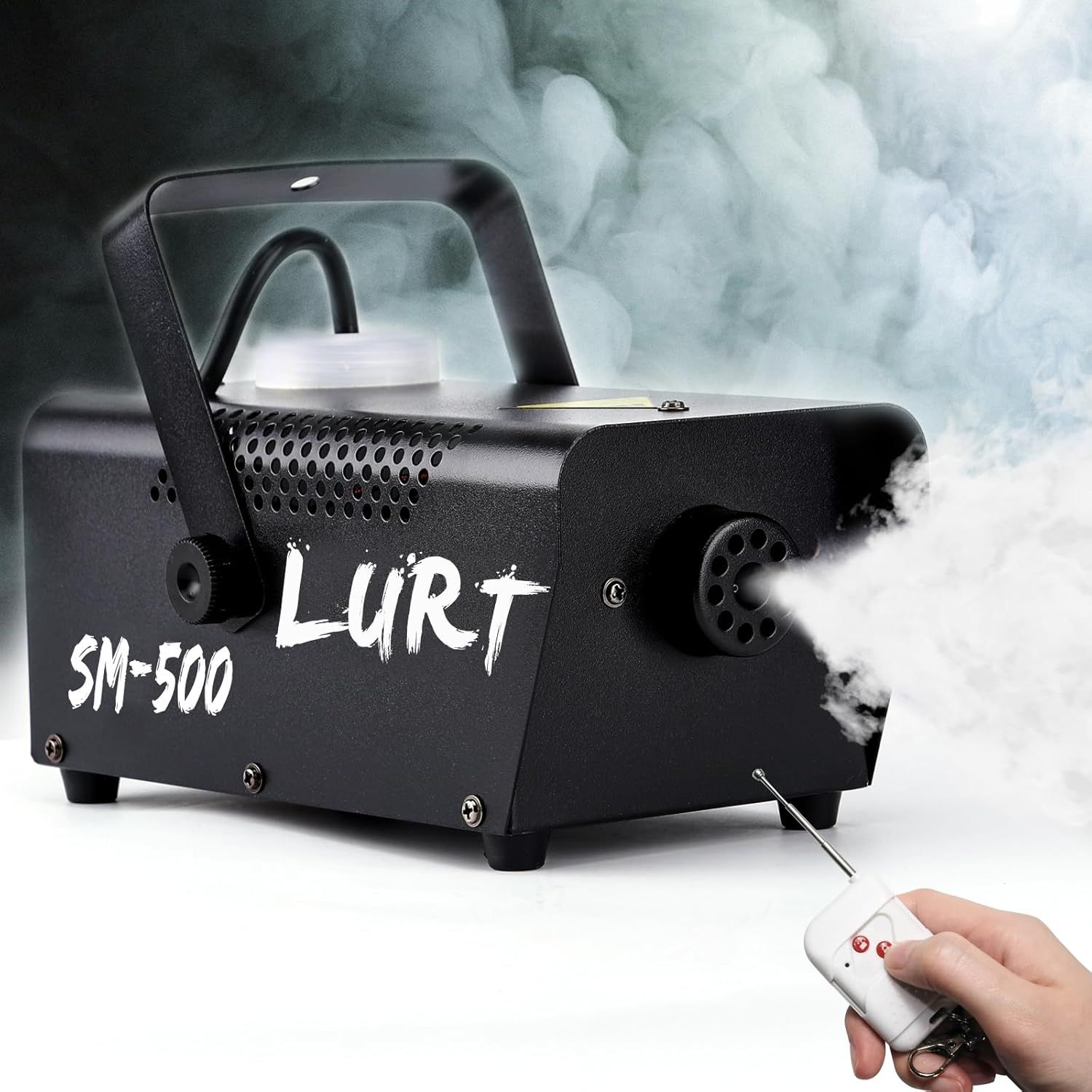 Shows the core product clearly with its key feature of producing smoke effects and includes the remote control to demonstrate ease of operation and what comes…