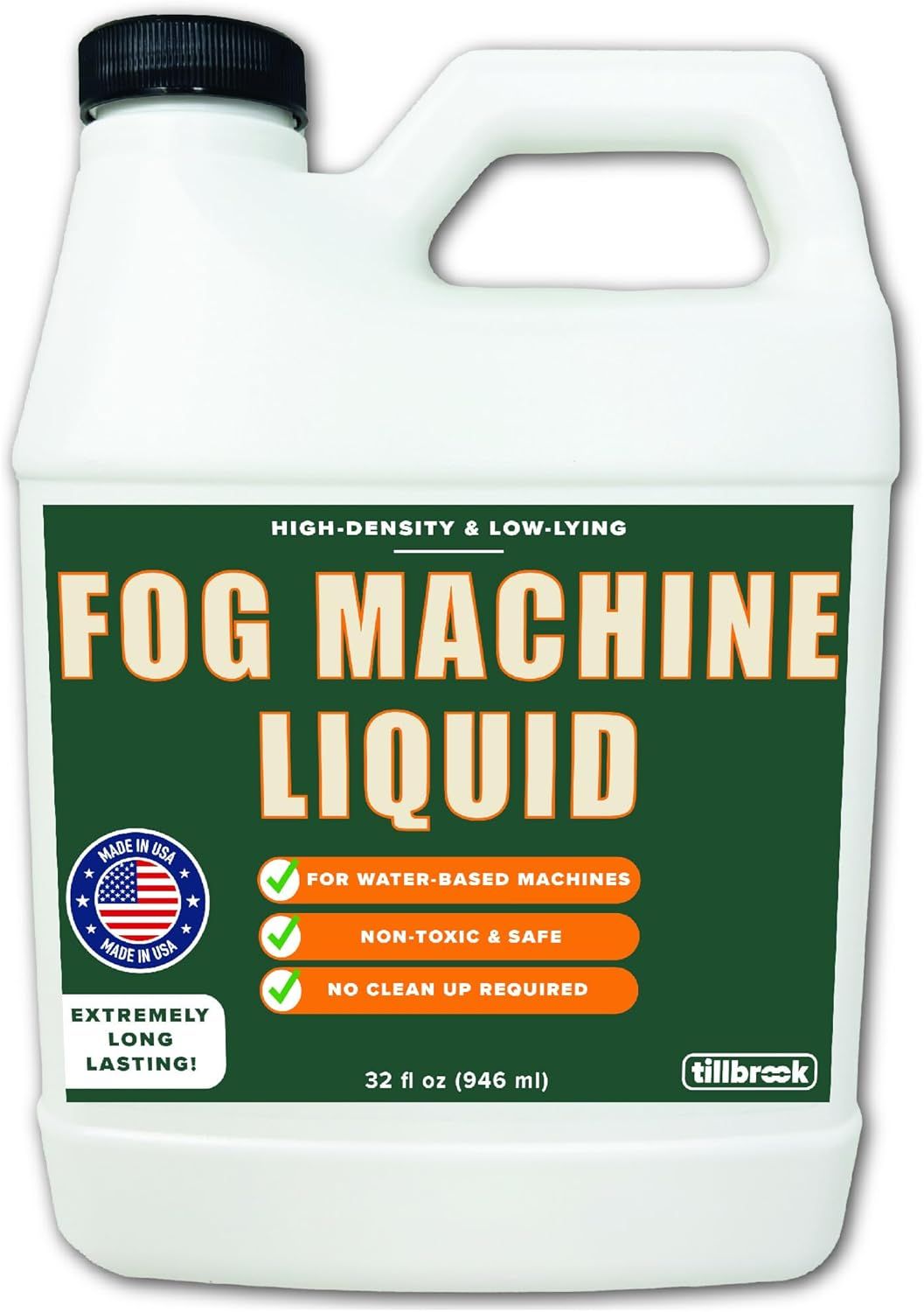 Shows the fog machine liquid bottle clearly on a white background to help shoppers identify the product and read key features like non-toxic, water-based, and…