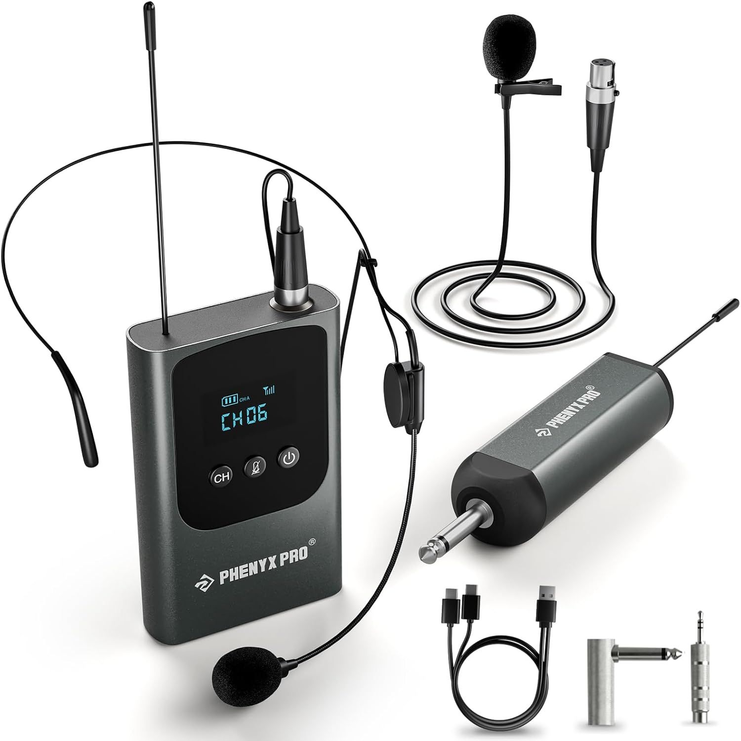 Shows buyers exactly what they will receive in the box, including the wireless receiver, transmitter, multiple microphones, cables, and adapters to demonstrate the complete package value.