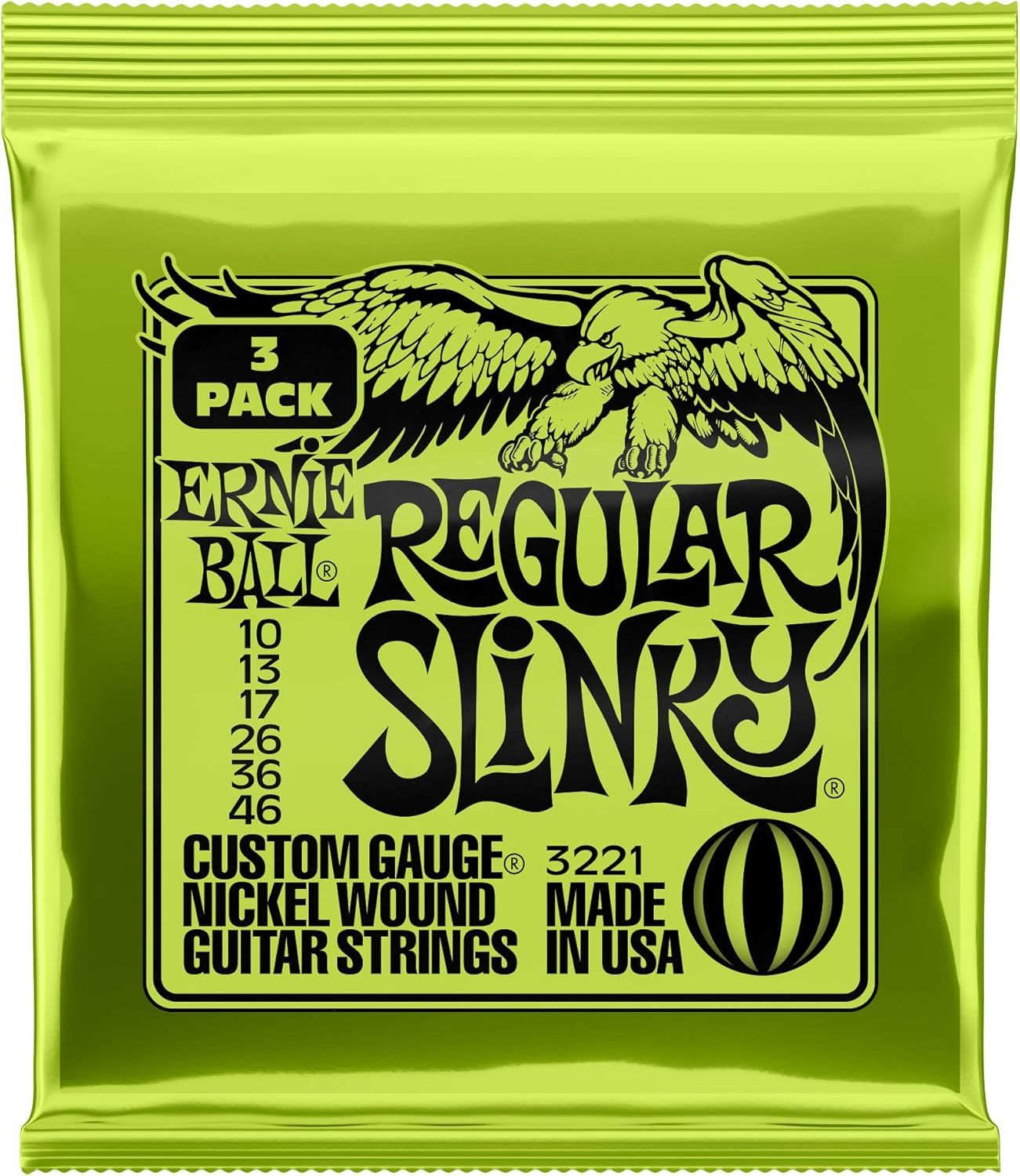 Shows the Ernie Ball Regular Slinky guitar strings package clearly on a white background to help shoppers identify the product and its specifications.