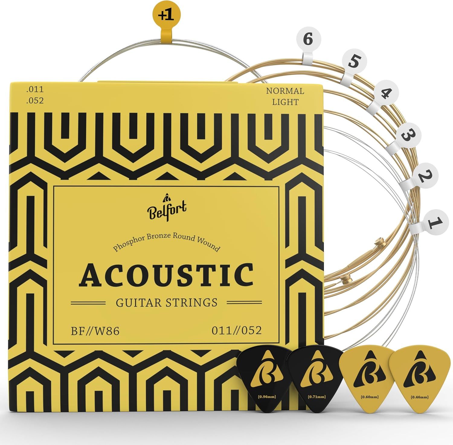 Shows buyers exactly what they will receive: acoustic guitar strings in packaging, individual strings labeled 1-6, and four guitar picks in different colors…