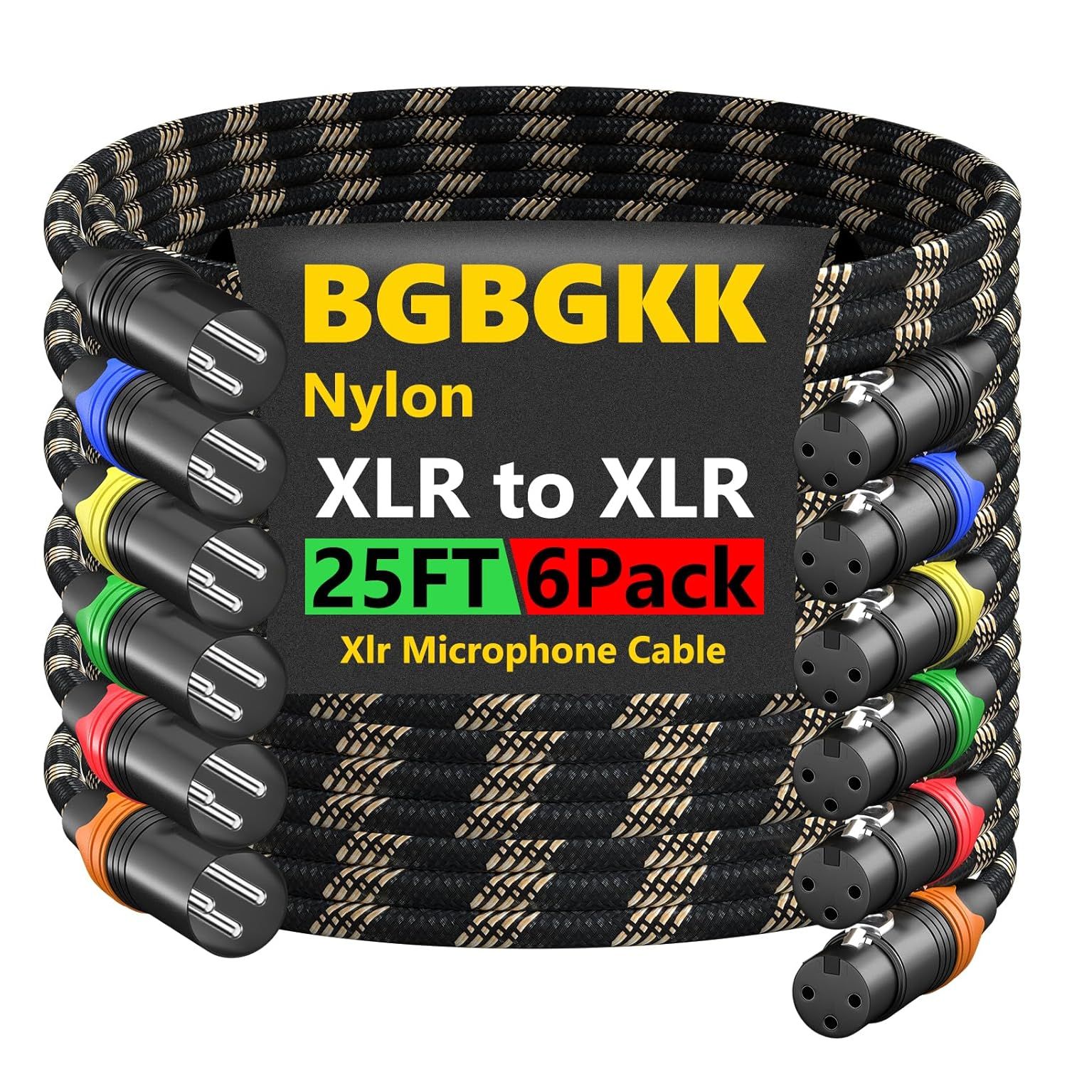 Shows the complete 6-pack of XLR microphone cables with color-coded connectors to help shoppers identify what they will receive and understand the product…