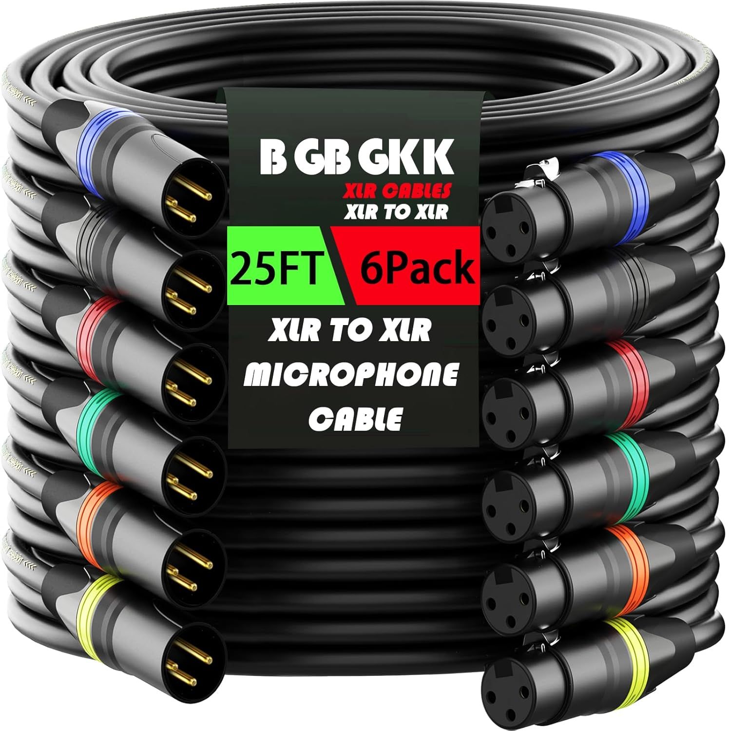 Shows the complete product bundle of six XLR microphone cables with color-coded connectors, allowing shoppers to see exactly what they will receive and…