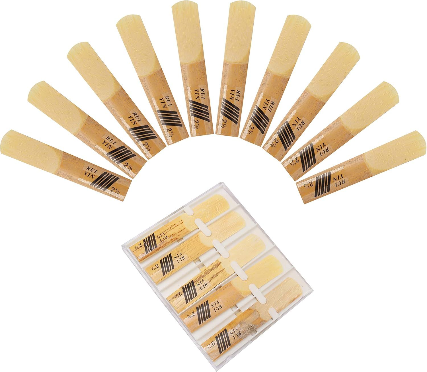 Shows the core product clearly on a white background to help shoppers identify the saxophone or clarinet reeds being sold. Displays all items included in the…