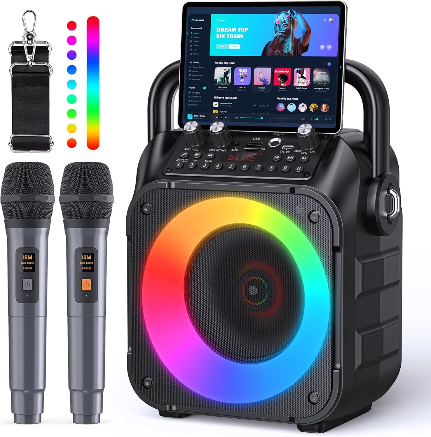Shows buyers exactly what they will receive: a portable karaoke speaker, two wireless microphones, a carrying strap, and a tablet holder, demonstrating the…