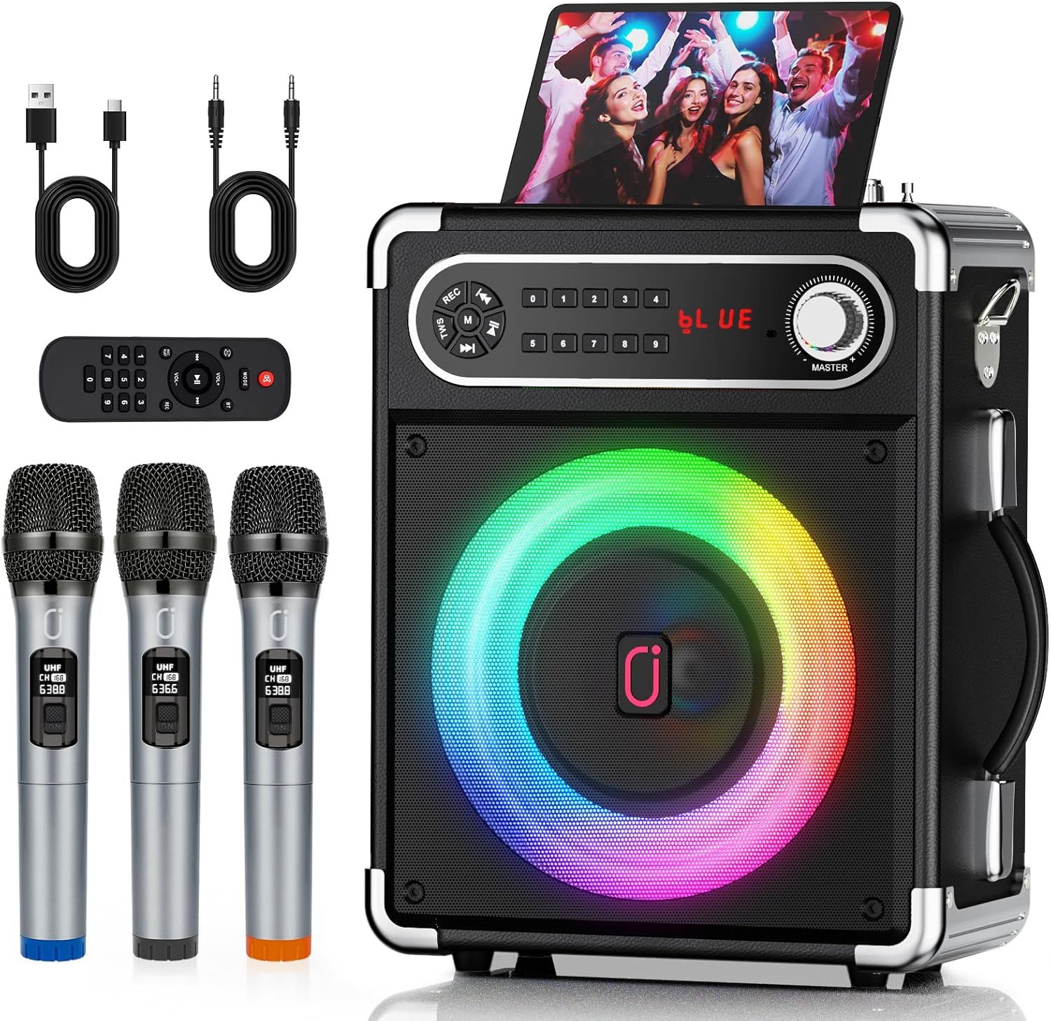 Shows buyers exactly what they will receive in the box, including the karaoke speaker system, three wireless microphones, remote control, and connection cables.
